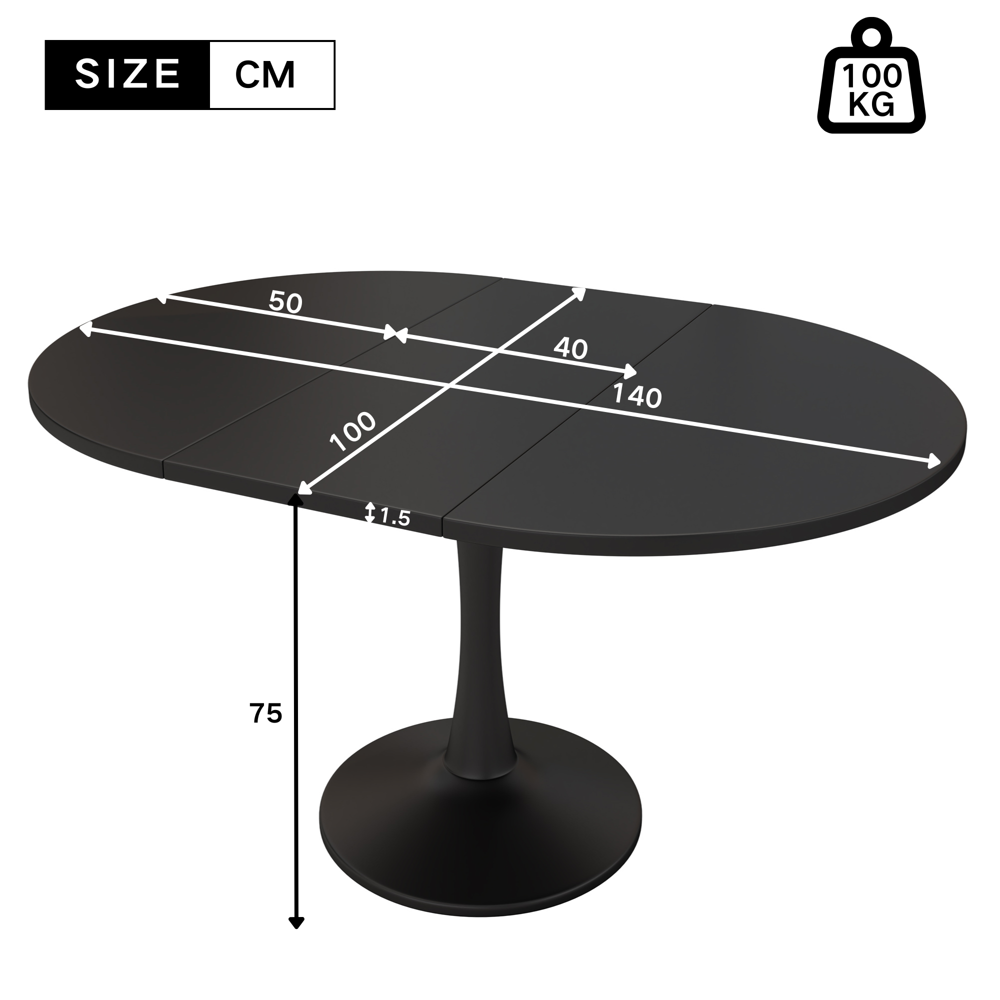 Table à manger ovale extensible 4 à 6 couverts - 100 x 140 x 75 cm - MDF - Noir - 6