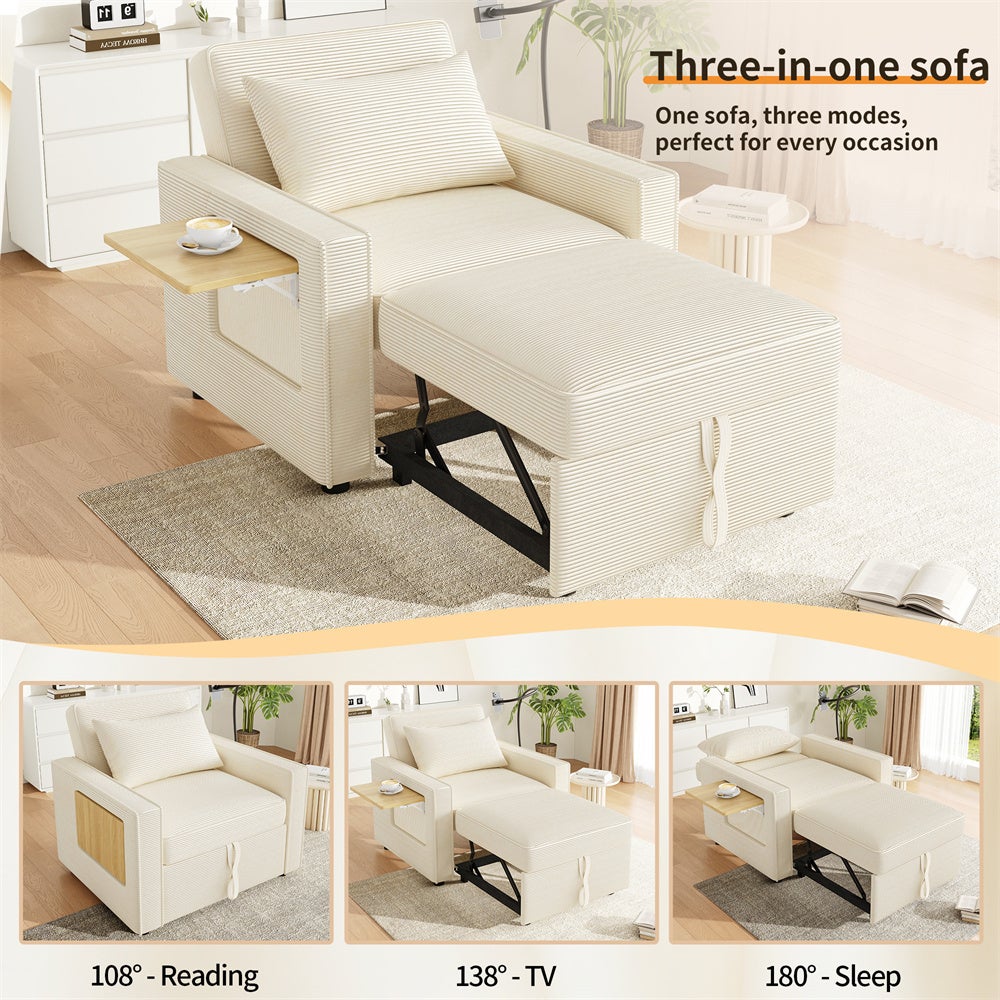 DRIPEX Canapé-lit pliable avec port USB,Fauteuil relax 1 place convertible avec tables pliables,tissu en velours côtelé,Beige - 4
