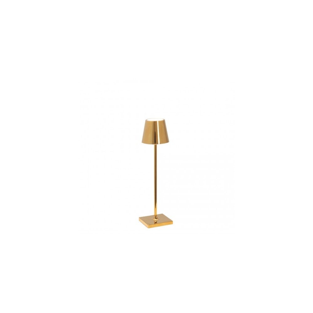 Lampa stołowa LED Poldina Pro Micro Glossy Gold, ładowalna i ściemnialna, z czasem pracy na baterii do 12 godzin.