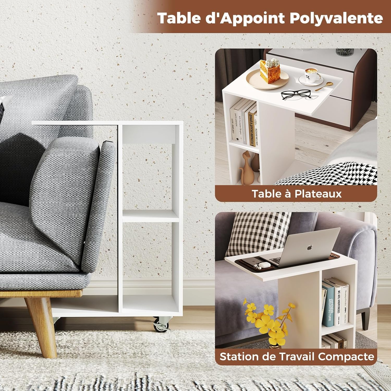 Tavolino a Forma di C con Ruote, Tavolino Laterale da Divano con 2 Cubi di Stocaggio, Tavolino da Caffè Salvaspazio, per Camera da Letto, Sogg - 6