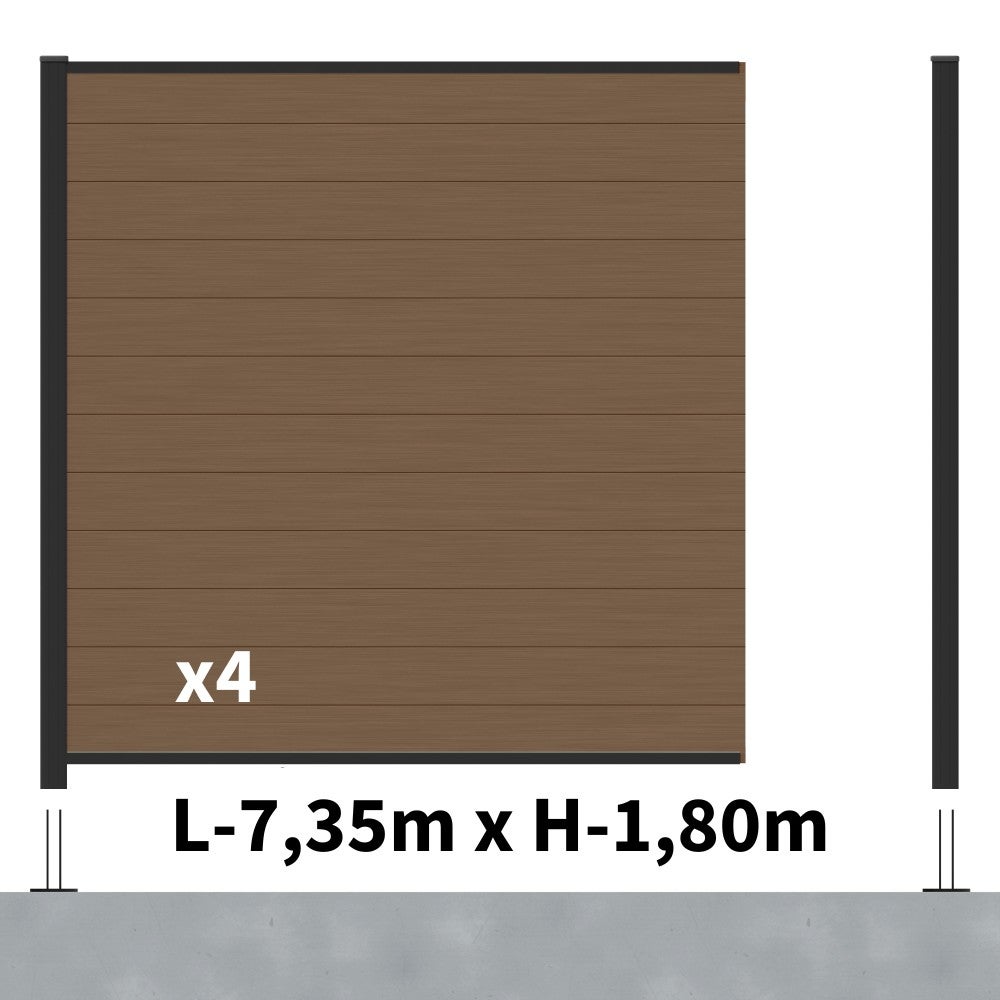 Kit Clôture Composite RIO Bronze 7,5x1,8m - Bois composite & Aluminium - Poteaux sur Platines Noir - Brise vue - 2