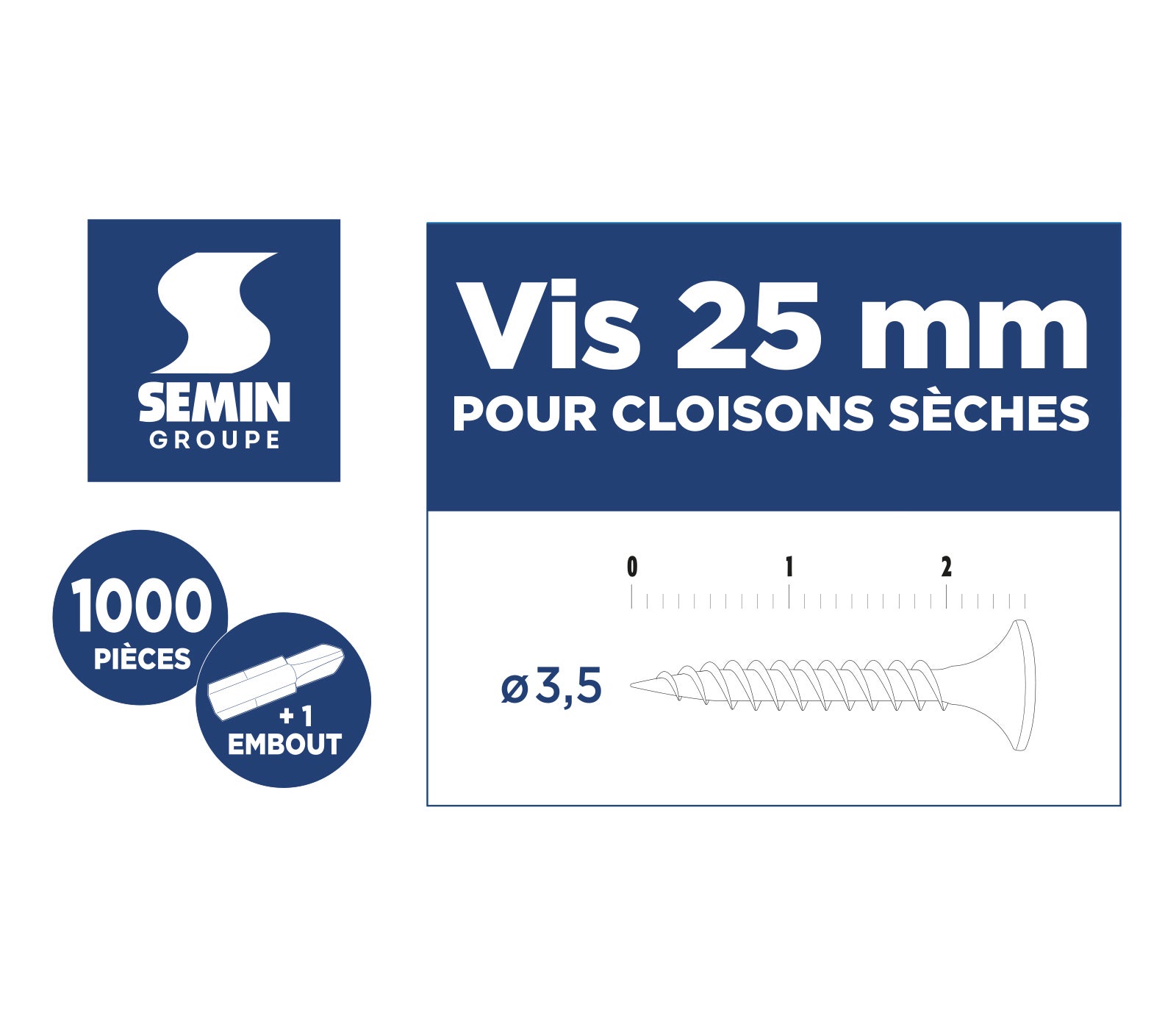 Vis auto perceuse Semin pour la fixation des plaques de plâtre sur l'ossature - intérieur - 25 mm x 3.5 mm - boîte de 1000 pièces - 6