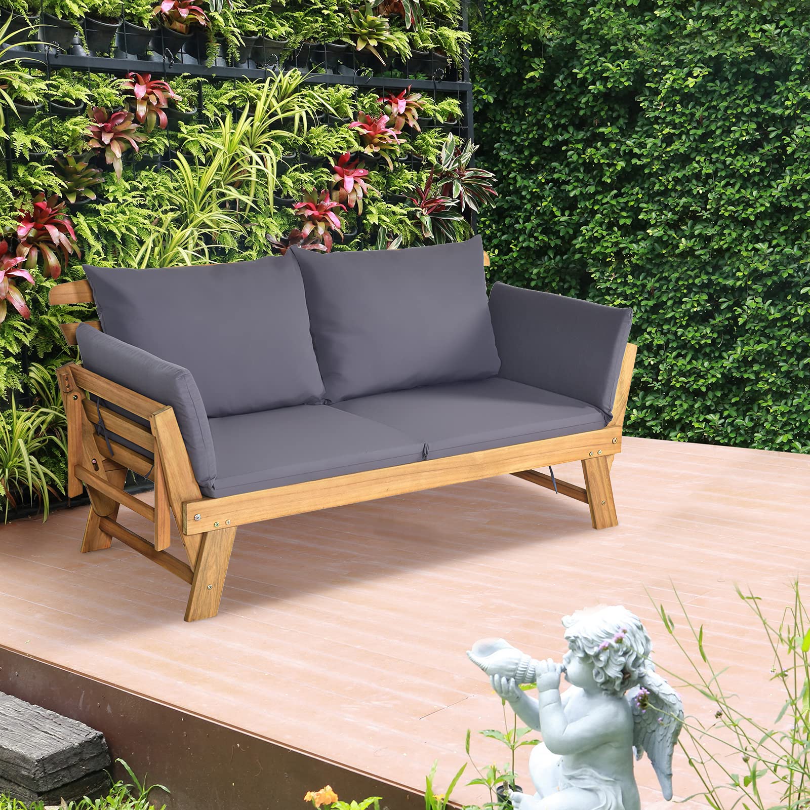 Canapé de Jardin Convertible 2 Places en Bois d’Acacia Certifié FSC avec Coussin Amovible, Accoudoir Extensible, Charge 320KG,Gris - 7