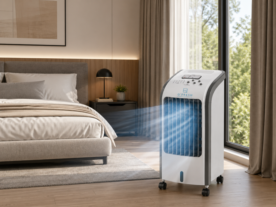 O'FRESH - Rafraichisseur d'air intérieur - 3 vitesses - Télécommande - Rafraichit 20 m² - Autonomie 8H - Silencieux - 5