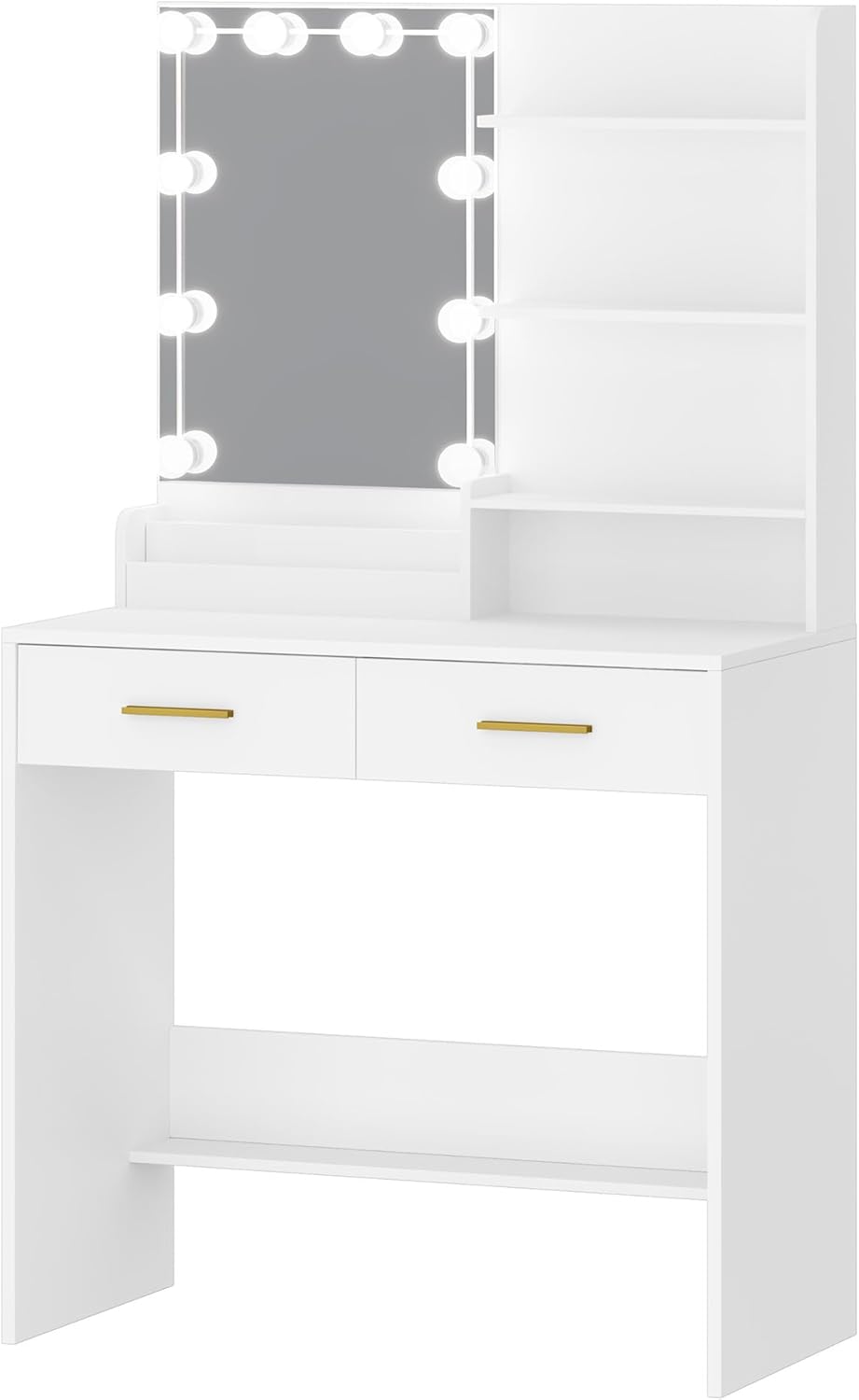 Coiffeuse avec 10 LED,Vanité de Maquillage avec 4 Étagères de Rangement Ouvertes et 2 Compartiments, Coiffeuse avec 2 Tiroirs, pour Chambre, Blanc - 7