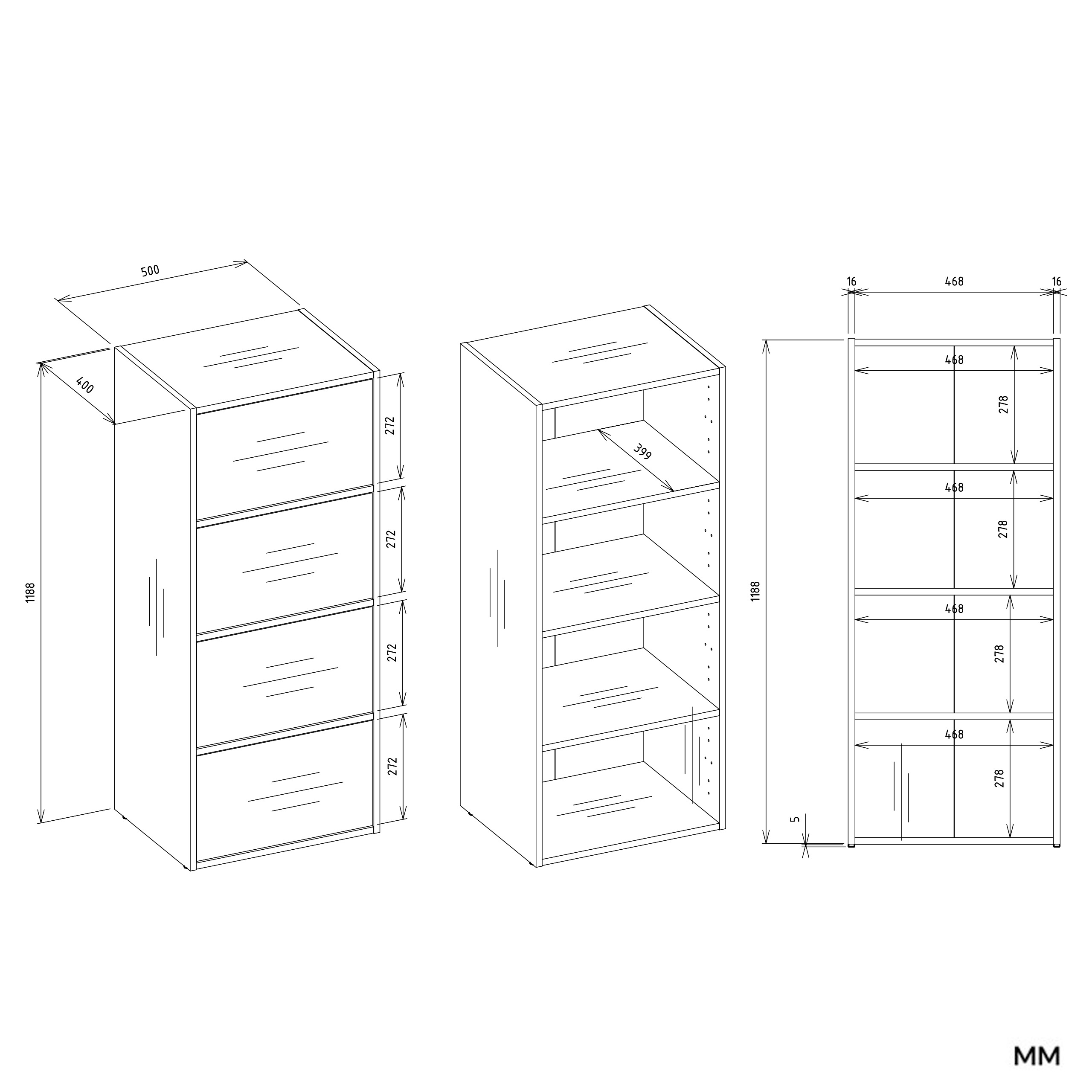 ALMA - Commode 4 portes pour chambre 50x119x40cm - Anthracite / Chêne Artisan - 5