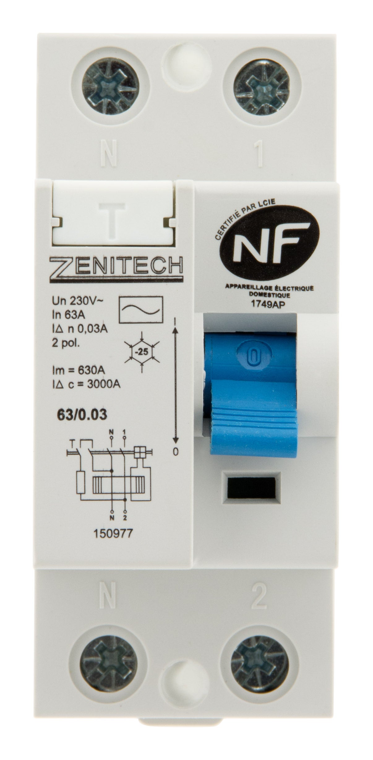 Interrupteur Différentiel Zenitech 63A/2P 30mA Type A - NF, Pour Tableau Électrique