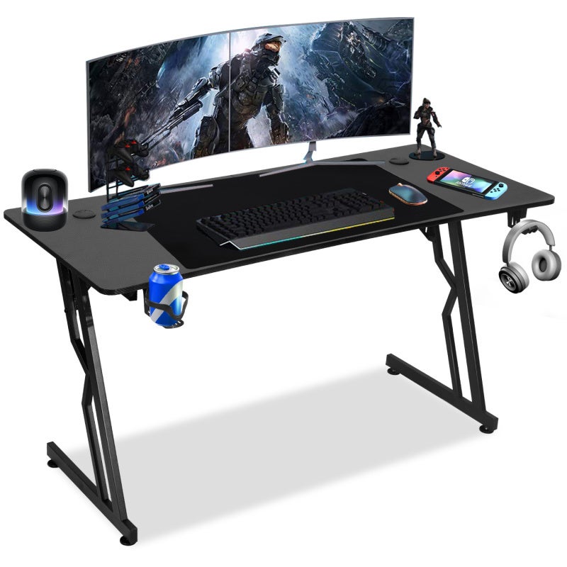 Biurko gamingowe, 140*60 cm, w kształcie litery Z, podstawka pod monitor, uchwyt na kubek, haczyk na słuchawki, kolor czarny