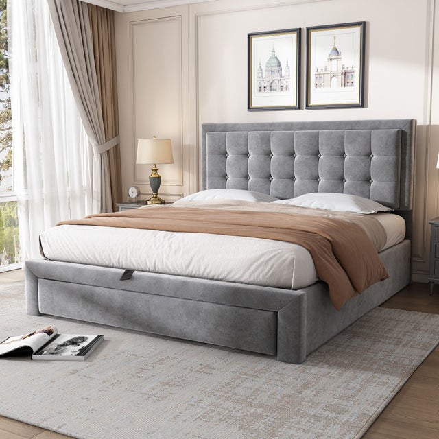 Cama hidráulica estofada 140*190, dupla, com base e cabeceira, com 2 gavetas, veludo, cinzento