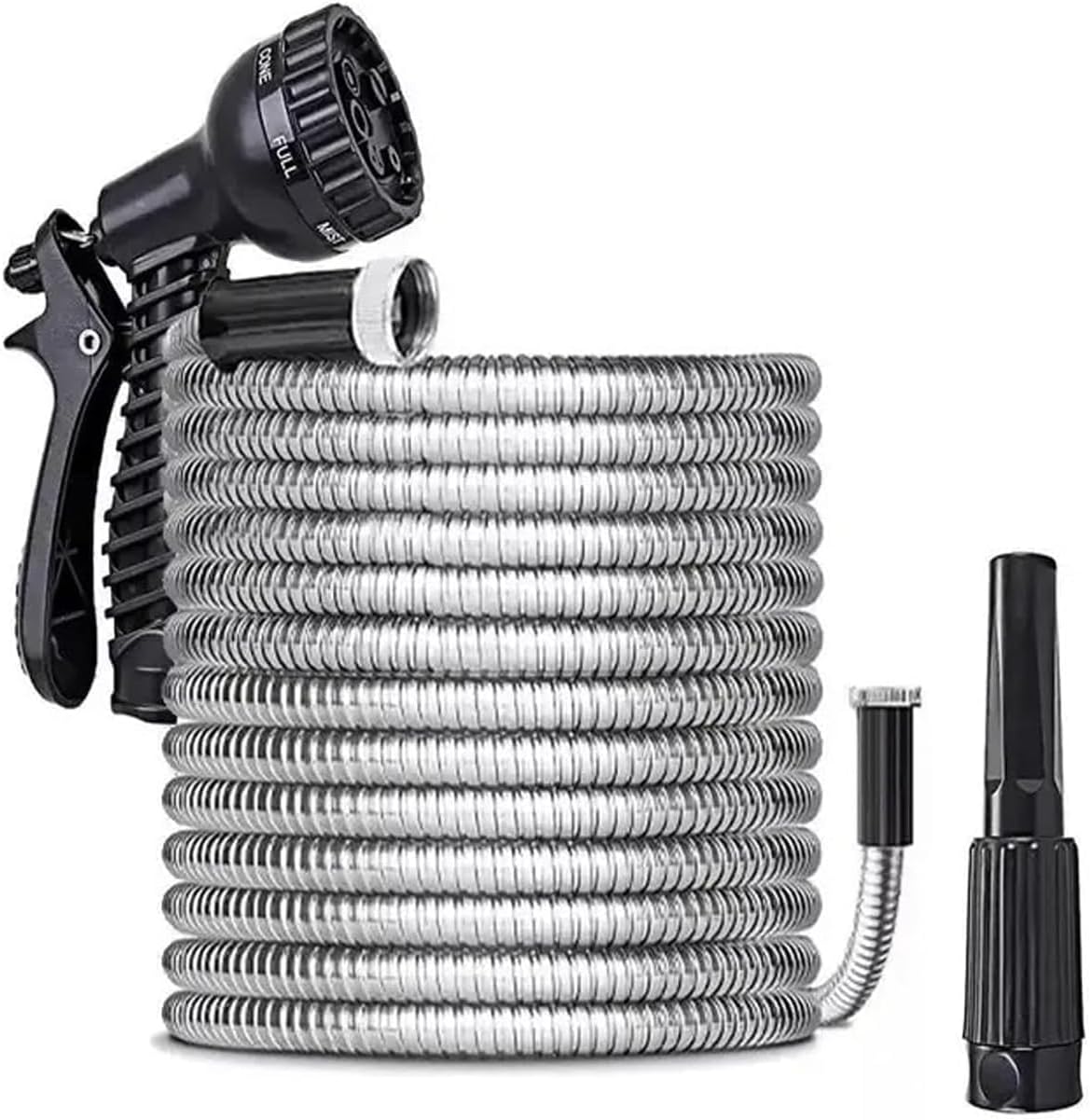 Wytrzymały, odporny na zginanie, szczelny i nierdzewny wąż ze stali nierdzewnej z dyszą pistoletową (15 metrów)