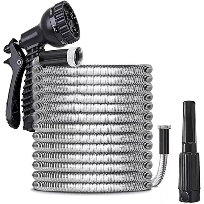 Wytrzymały, odporny na zginanie, szczelny i nierdzewny wąż ze stali nierdzewnej z dyszą pistoletową (15 metrów)