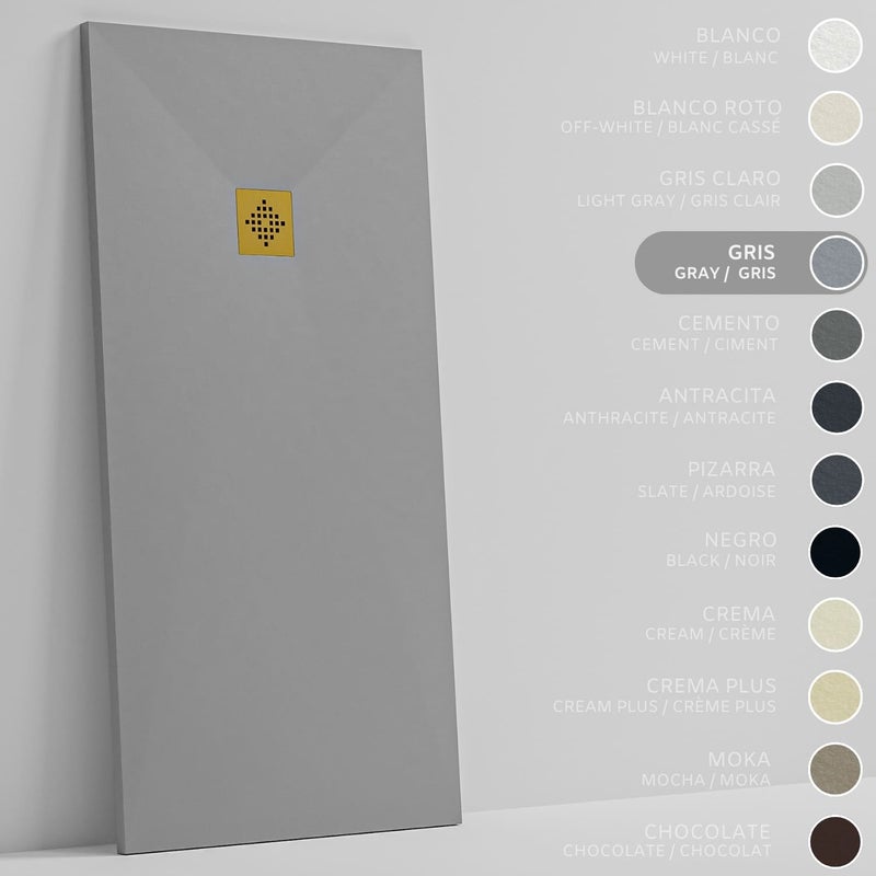 SOULHOME Brodzik prysznicowy– Żywica– Gel Coat– Gładka/Kamienna tekstura – Antypoślizgowy – szary – 160x90- Niski 3 cm– Ruszt Złoty