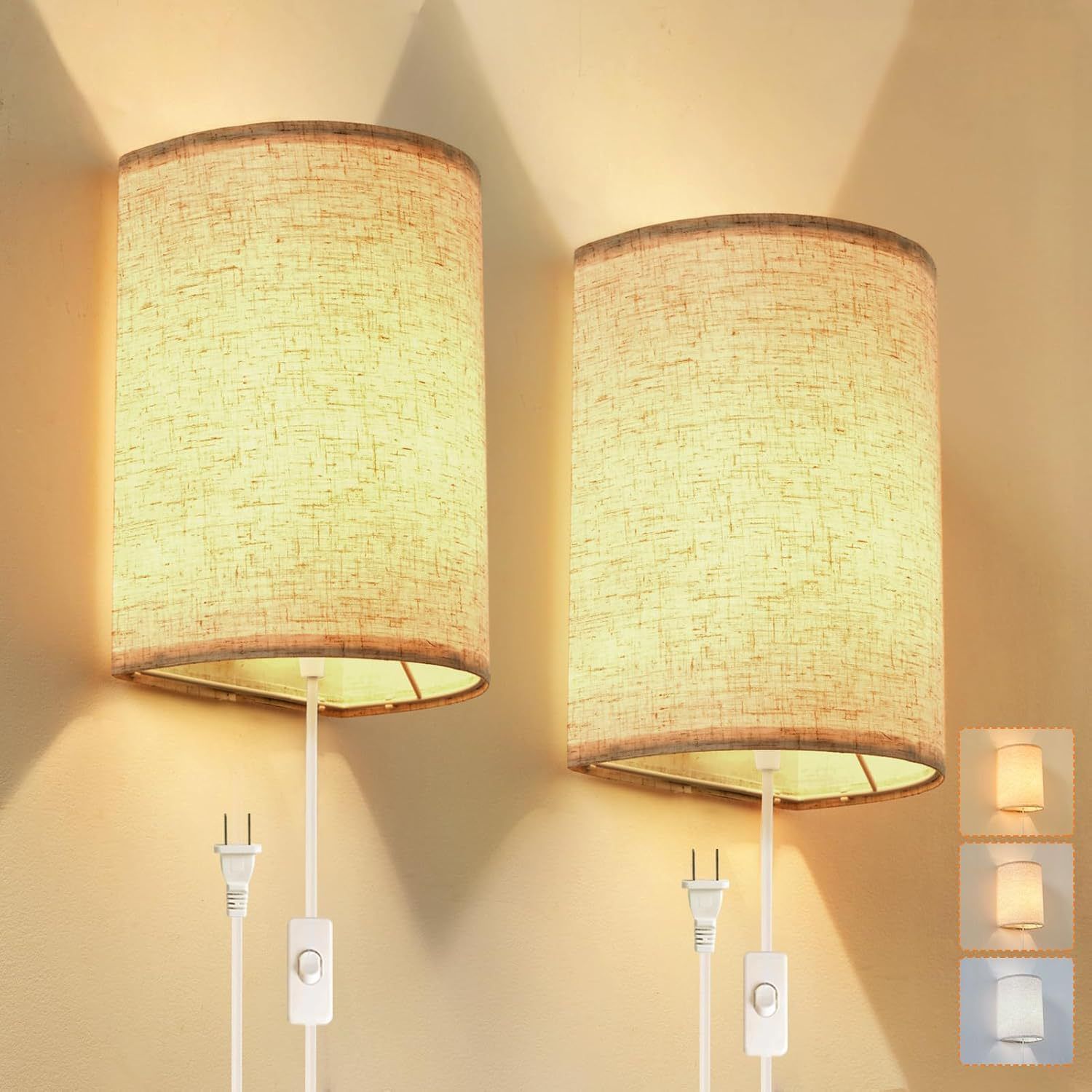 Zestaw 2 lamp ściennych w stylu vintage z wtyczką - abażur lniany - lampka nocna LED - odpowiednia do sypialni i jadalni - żarówka trójkolorowa