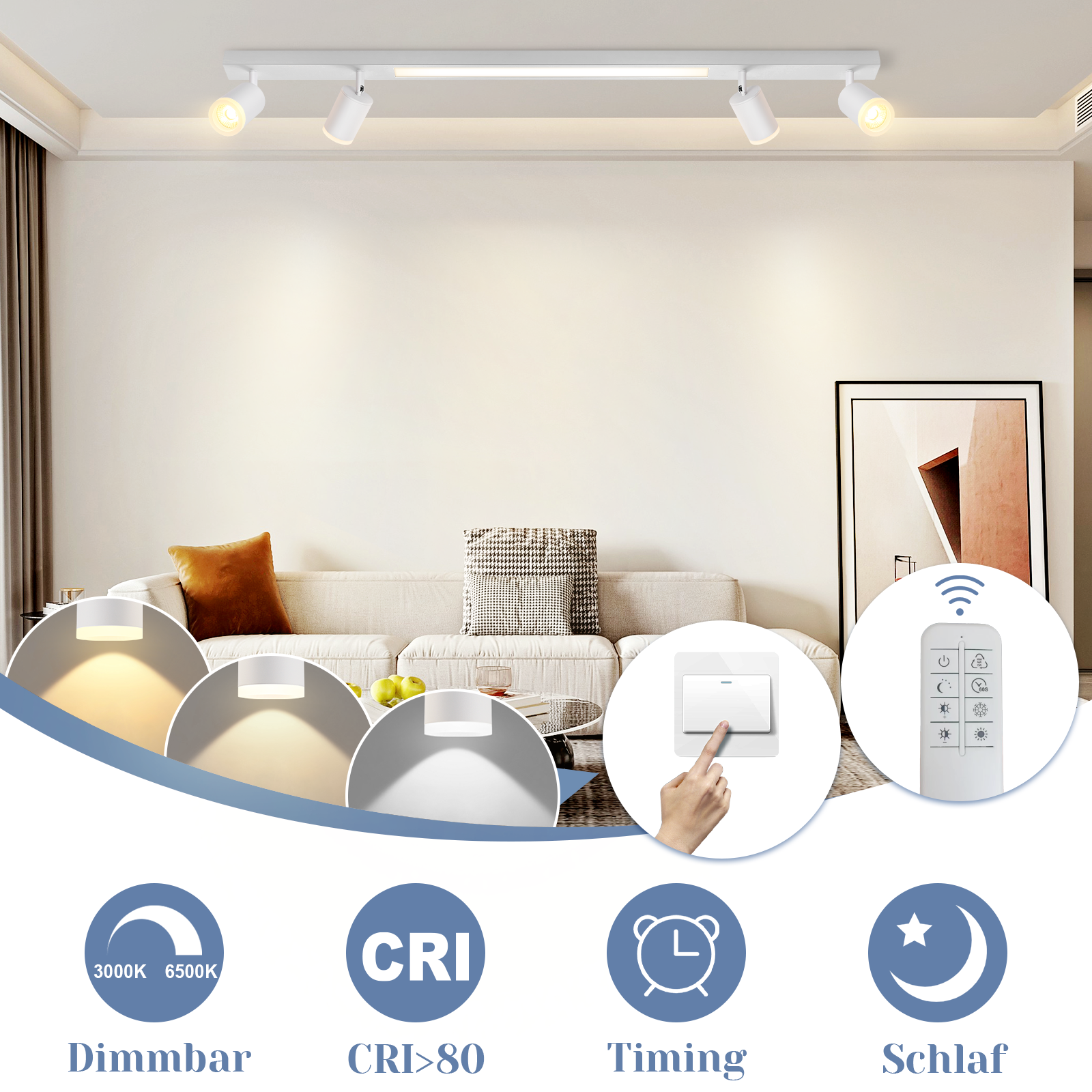 NETTLIFE Plafón LED 4 bombillas regulables 38W blanco con mando a distancia 3000K-6500K orientable 350° - 2