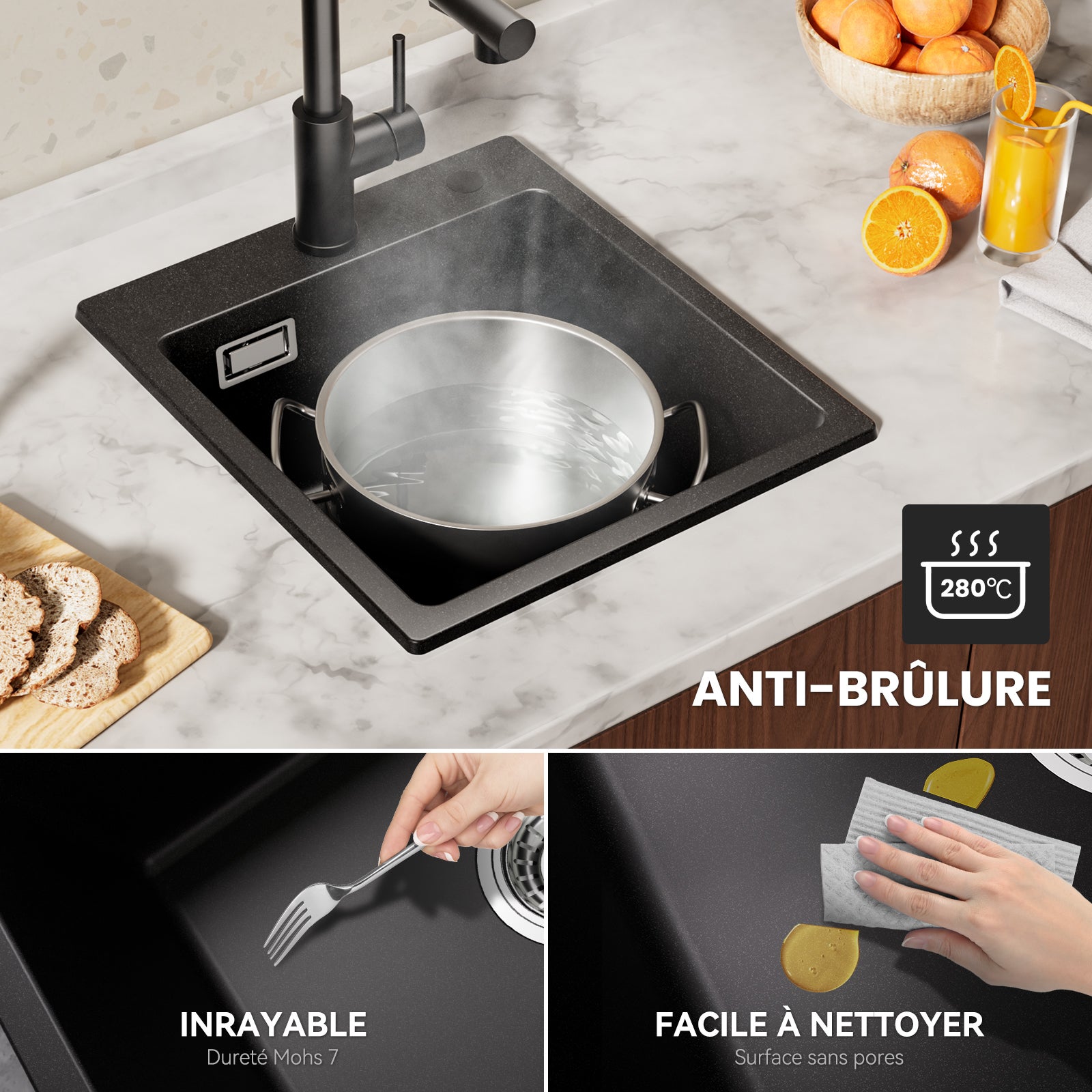 Negro Fregadero de cocina de granito de cuarzo de un seno de 40 x 45 cm - Fregadero de encimera - 3