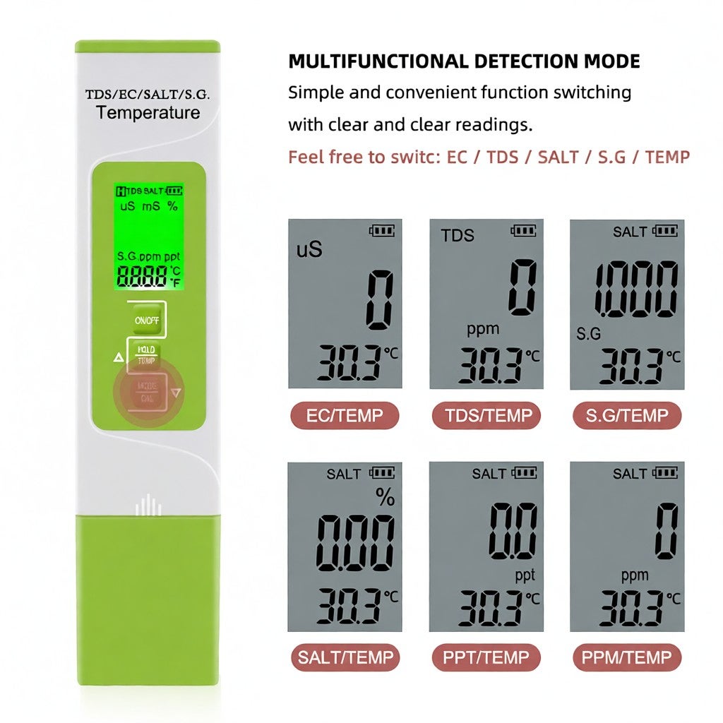 5 in 1 TDS/EC/SALT/S.G./température appareil de mesure numérique eau Quality moniteur testeur pour Pools Drinking eau Aquariums (battery not included) - 4