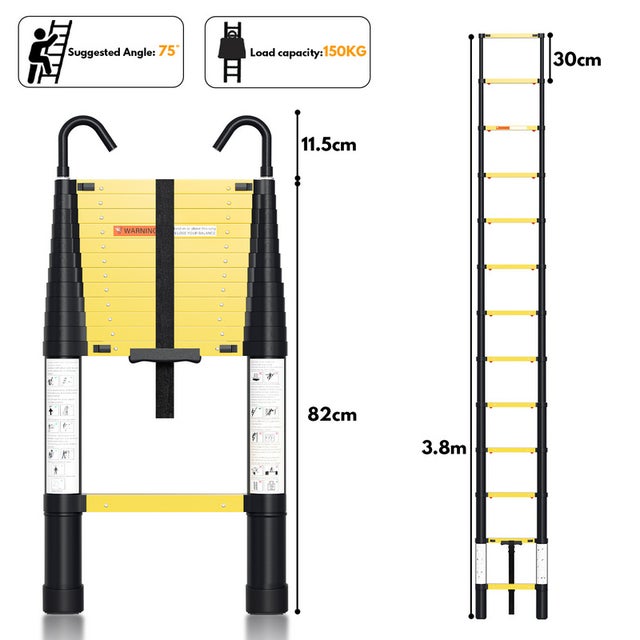 Scala Telescopica Fino A 150 Kg Stabile Scaletta In Alluminio 3,8 M Giallo+Nero Con Pulsante Di Rimozione ON
