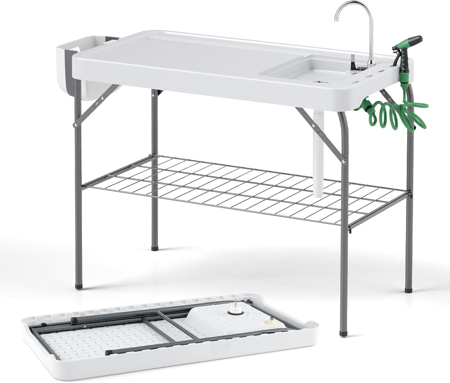 Składany Stół Kempingowy z Kranem, Przenośny Stół do Czyszczenia Ryb z Półką z Rusztem, Linijką, Nośność 40 kg (107,5 x 57,5 x 86,5 cm)