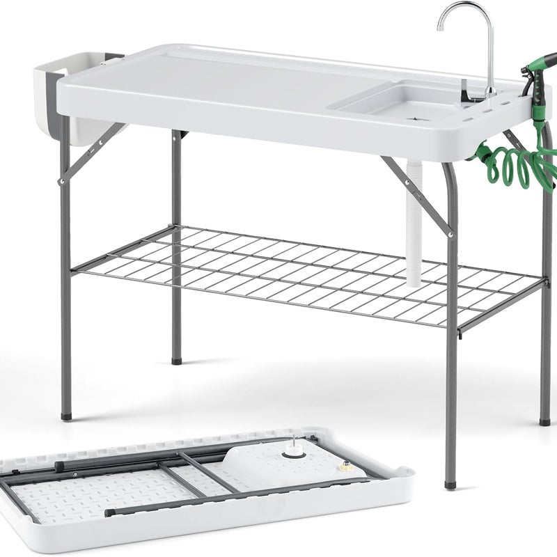 Składany Stół Kempingowy z Kranem, Przenośny Stół do Czyszczenia Ryb z Półką z Rusztem, Linijką, Nośność 40 kg (107,5 x 57,5 x 86,5 cm)
