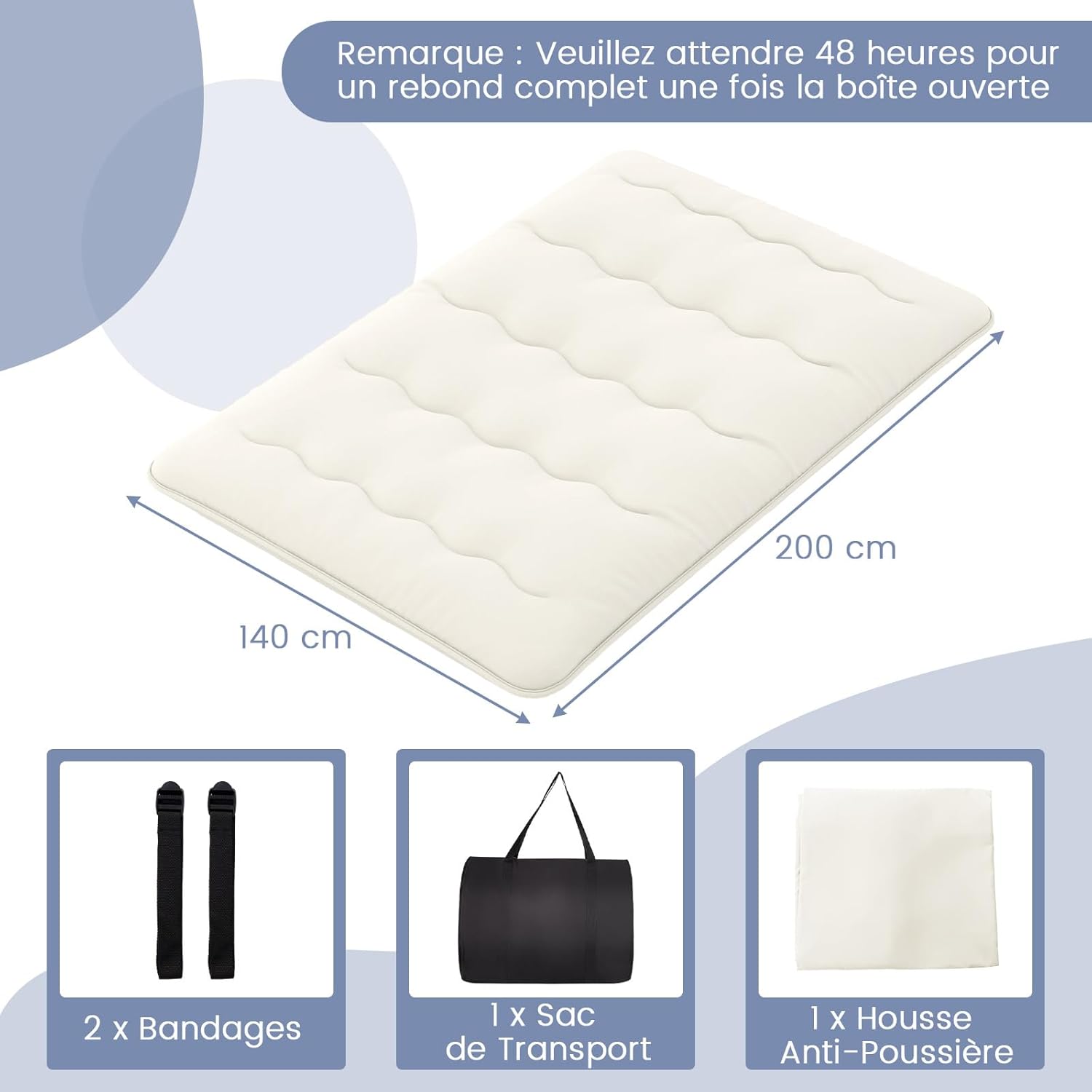 Colchão Futon Japonês para 2 Pessoas 140x200cm, Cama de Dormir Dobrável e Portátil no Chão com Bolsa de Transporte para Campismo, Viagem, Bege - 3