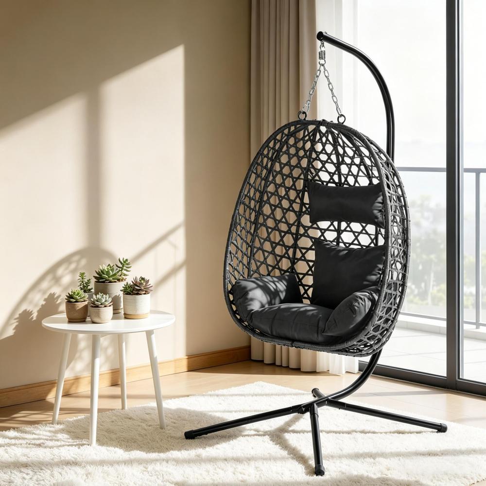 Fauteuil suspendu en rotin, hauteur réglable, chaise œuf moderne anthracite, balançoire intérieur extérieur, structure métal robuste - 3