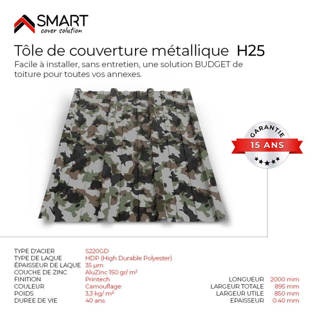 Tôle bac acier - Toiture - Couverture - plaque TR25 Coloris Camouflage ...