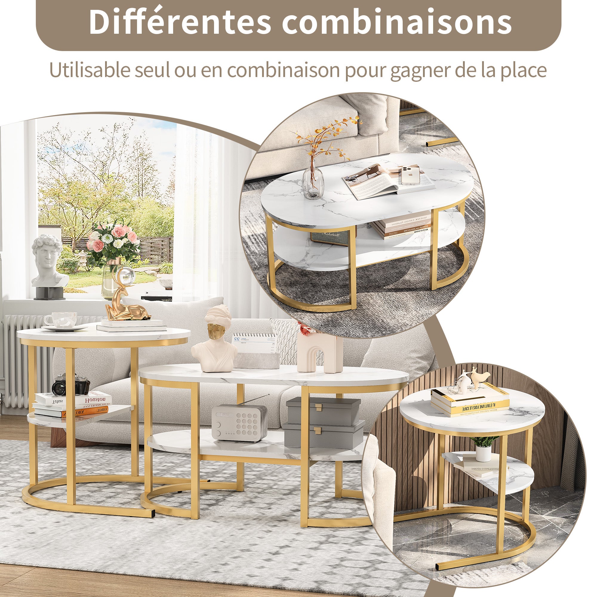 Lot 2 Tables basses gigognes ovale/ronde, 2 étagères, bois effet marbre, métal doré, scandinave, Blanc - 4