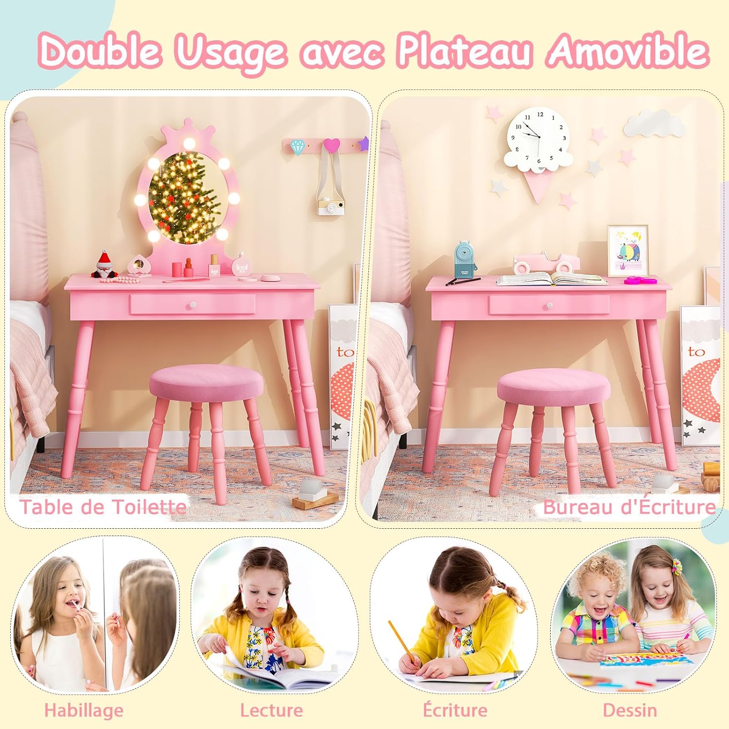 Toeletta Da Trucco Con Specchio LED E 7 Cassetti - Tavolo Makeup Regolabile Rosa Per Camera - Foto 5