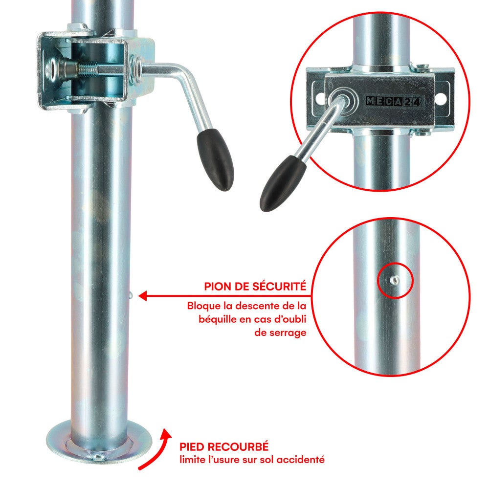 Béquilles de support pour remorque x2 + brides de fixation x2 - Hauteur 700mm - Dia 48mm - Acier galvanisé - Pied stabilisation - 4