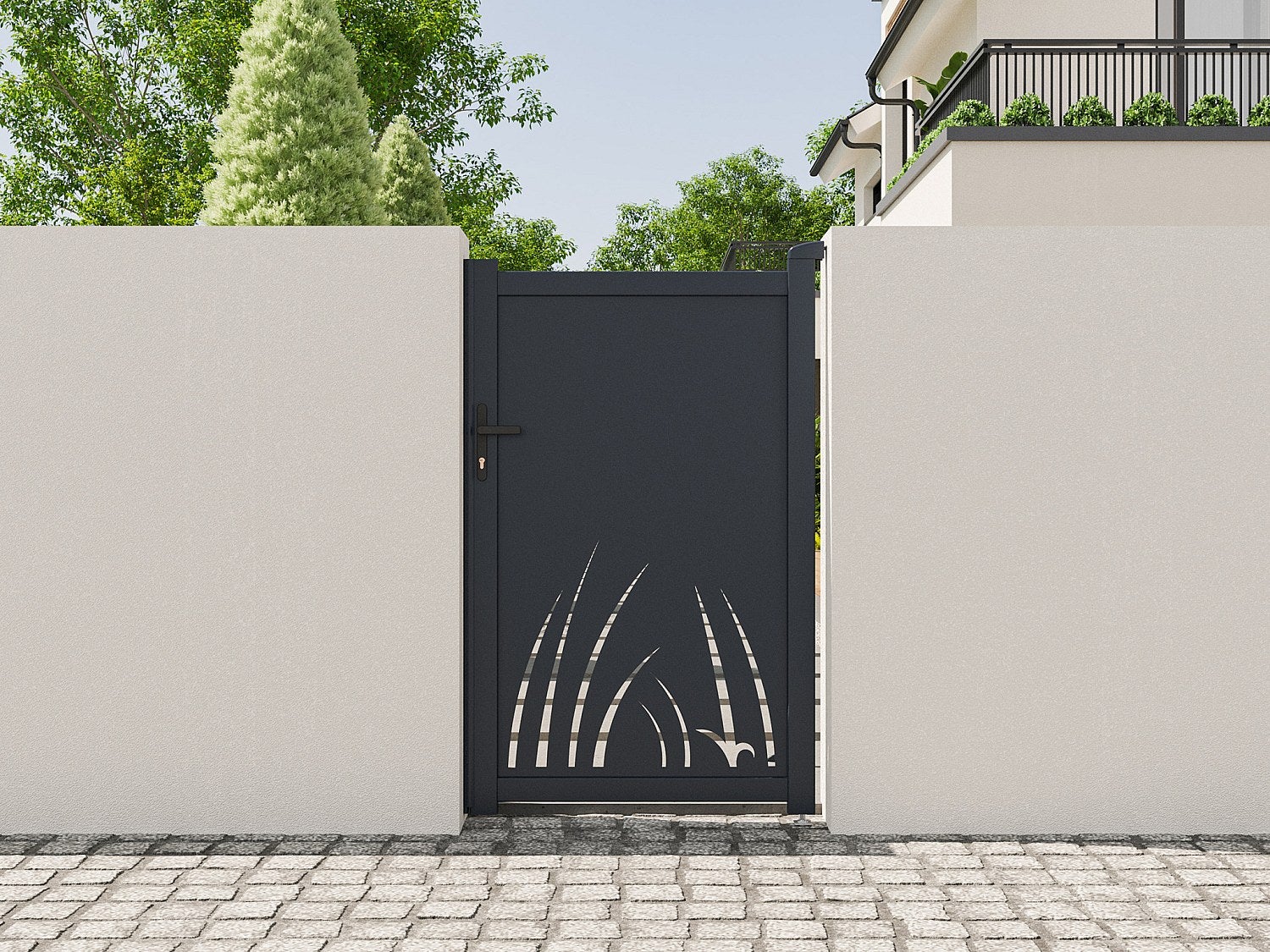 Brama skrzydłowa z aluminium z motywem roślinnym wyciętym laserowo – L103 x H166 cm – antracyt – BRAMENO