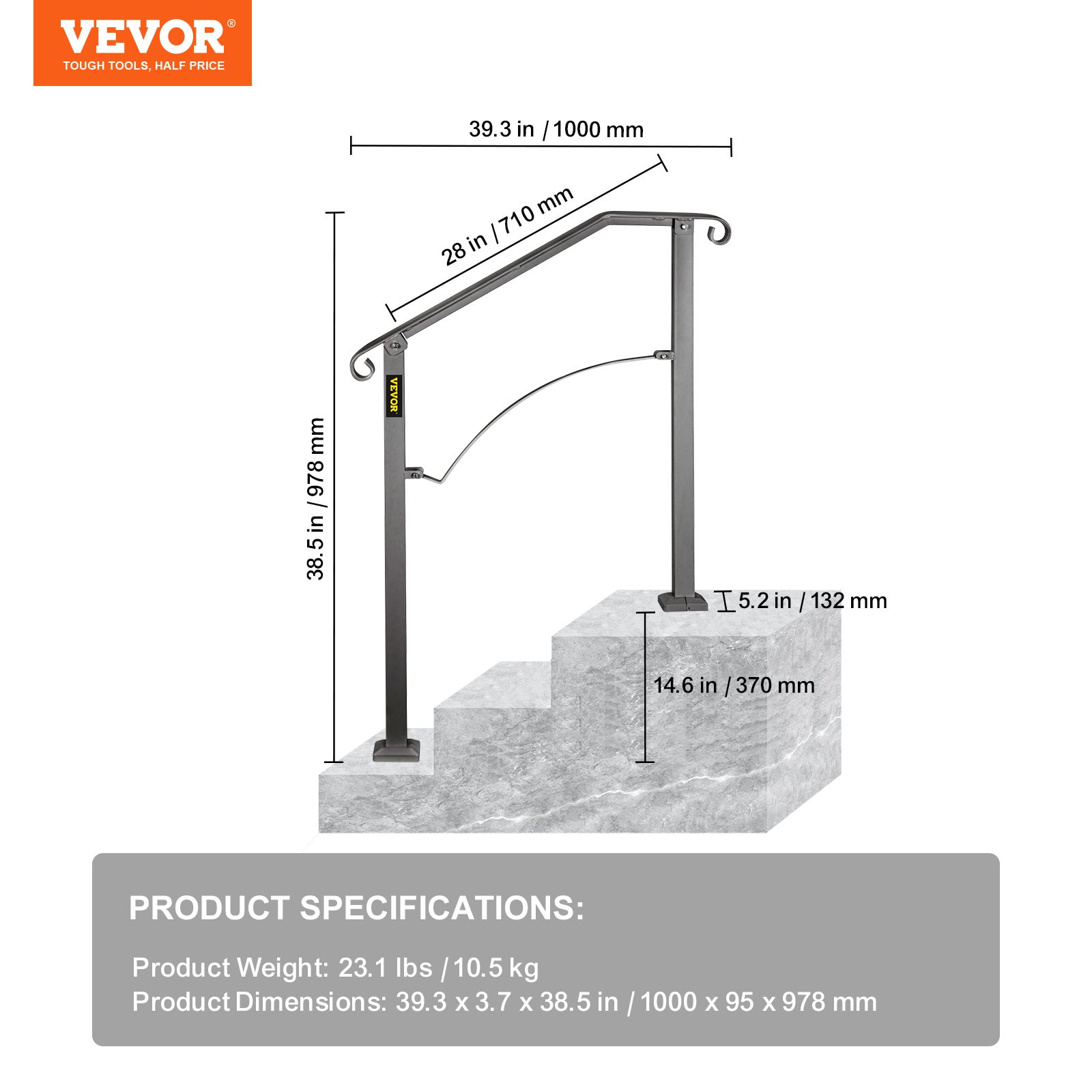 Rampe D’escalier Arche en Fer Forgé VEVOR 2-3 Marches Hauteur Flexible Garde-corps pour Escalier Main Courante pour Jardin Extérieur et Intérieur - 7