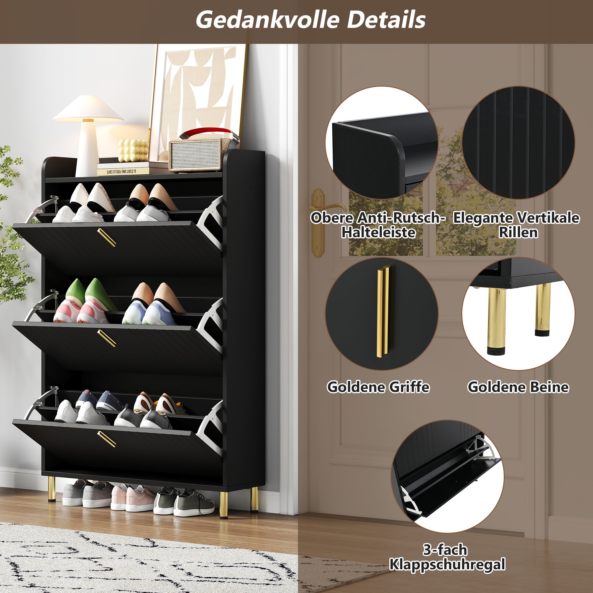 Meuble à chaussures avec 3 portes rabattables et dispositif anti-basculement - 80 x 23,5 x 123,5 cm - MDF - Noir - 9