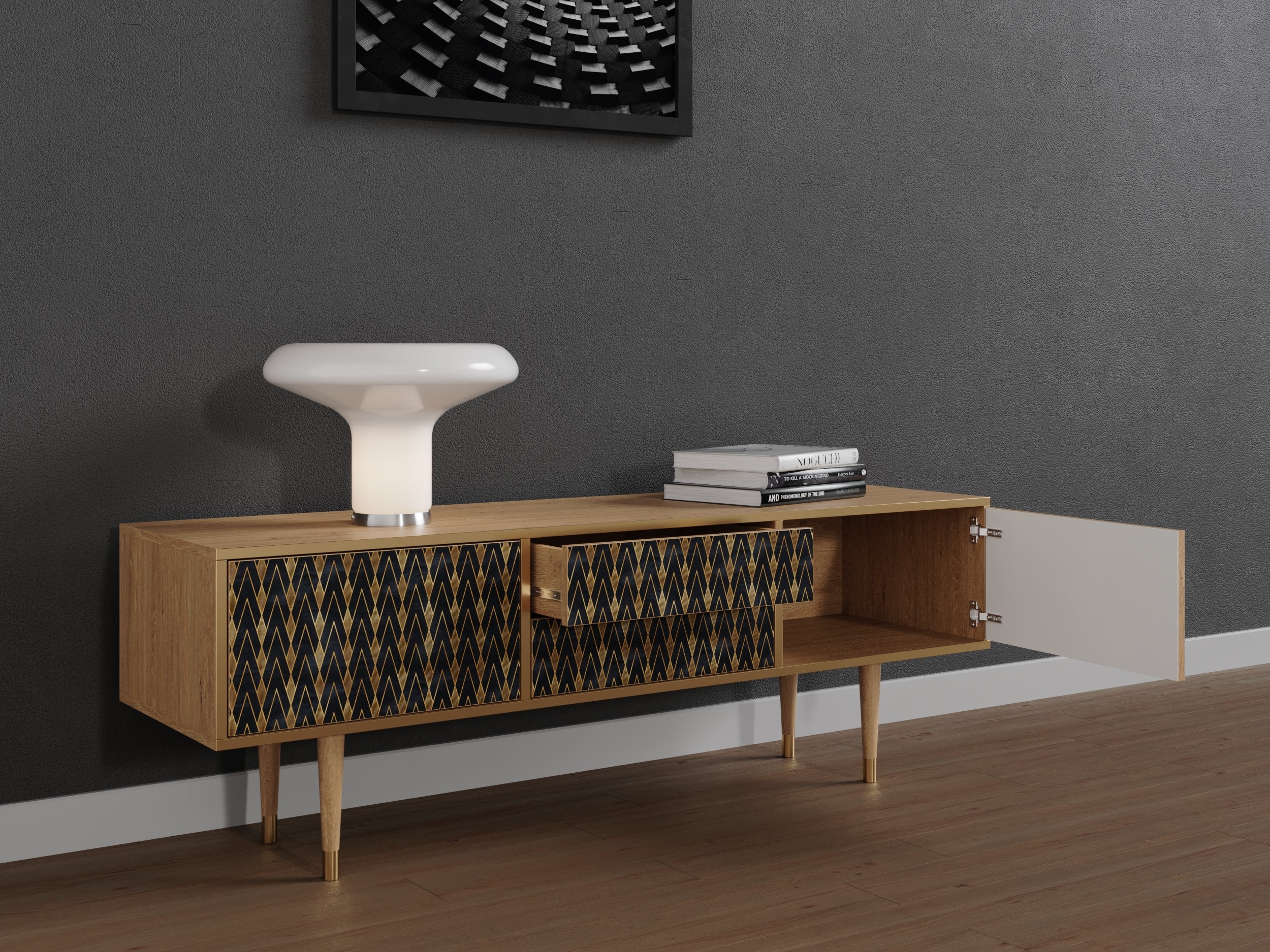 Mobile TV con due porte e due cassetti, lungo 170 cm, in rovere - 3