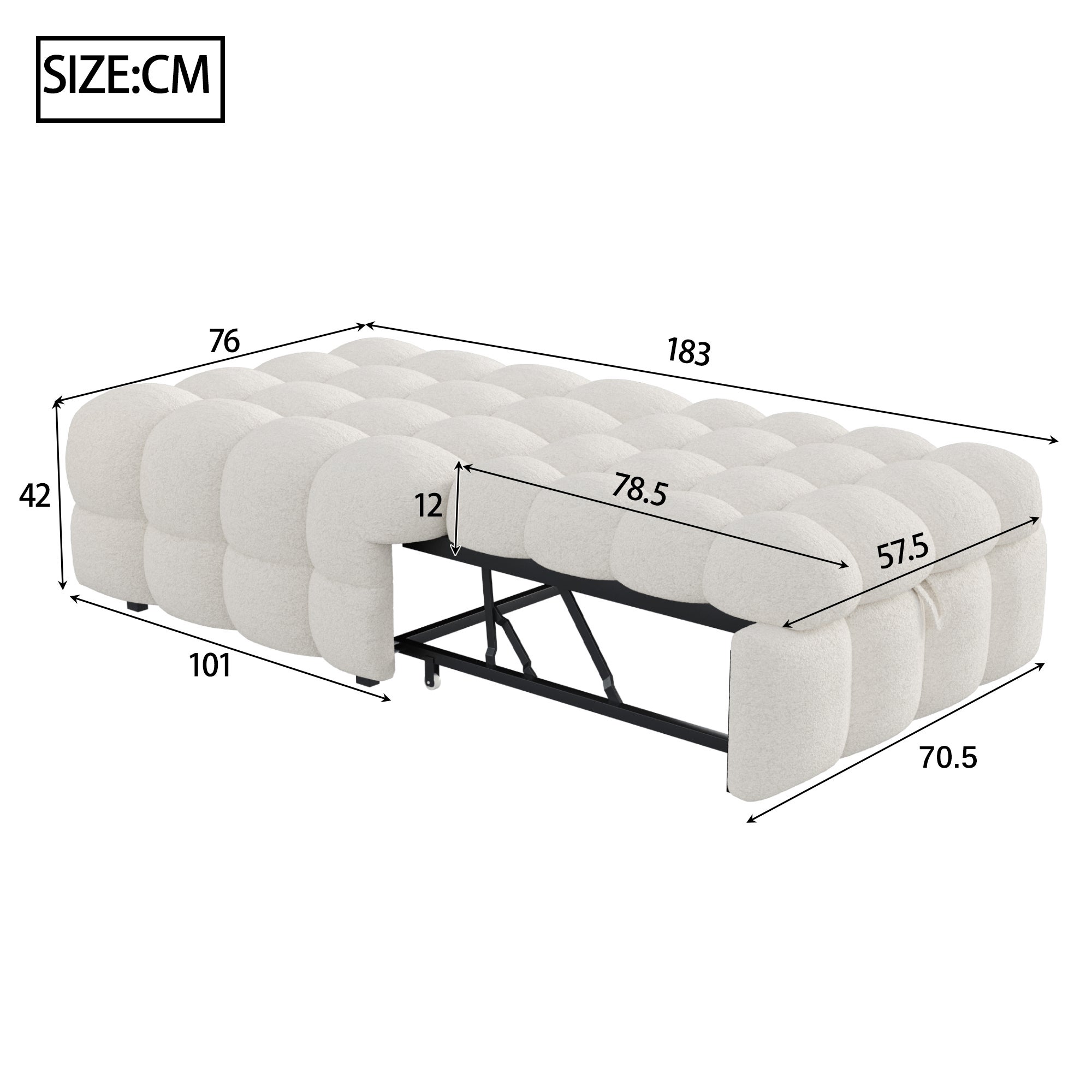 Canapé Convertible 1 Place, Fauteuil Relax avec Lit Extensible, En Velours Teddy et Métal, 183 x 76 x 42 cm, Beige - 4