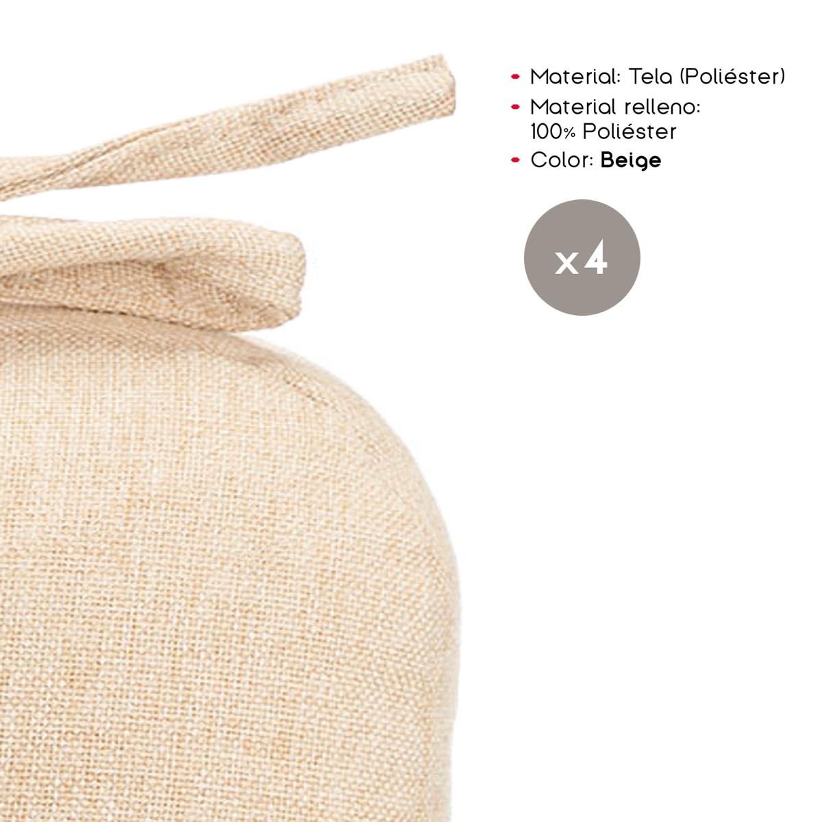 TIENDA EURASIA - Pack 4 Cojines Silla, 100% Poliéster, 40x40x7 cm, 2 Cordones, Beige - 2