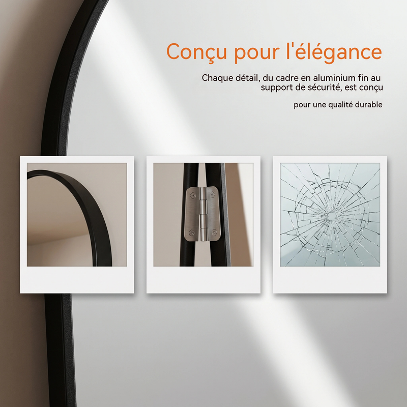 KEFSR Miroir sur Pied Arqué 162 x 53cm,Miroir Mural avec Support,Cadre en Alliage d’Aluminium,Verre Trempé,Grand Miroir pour Chambre,Salon(Noir) - 6