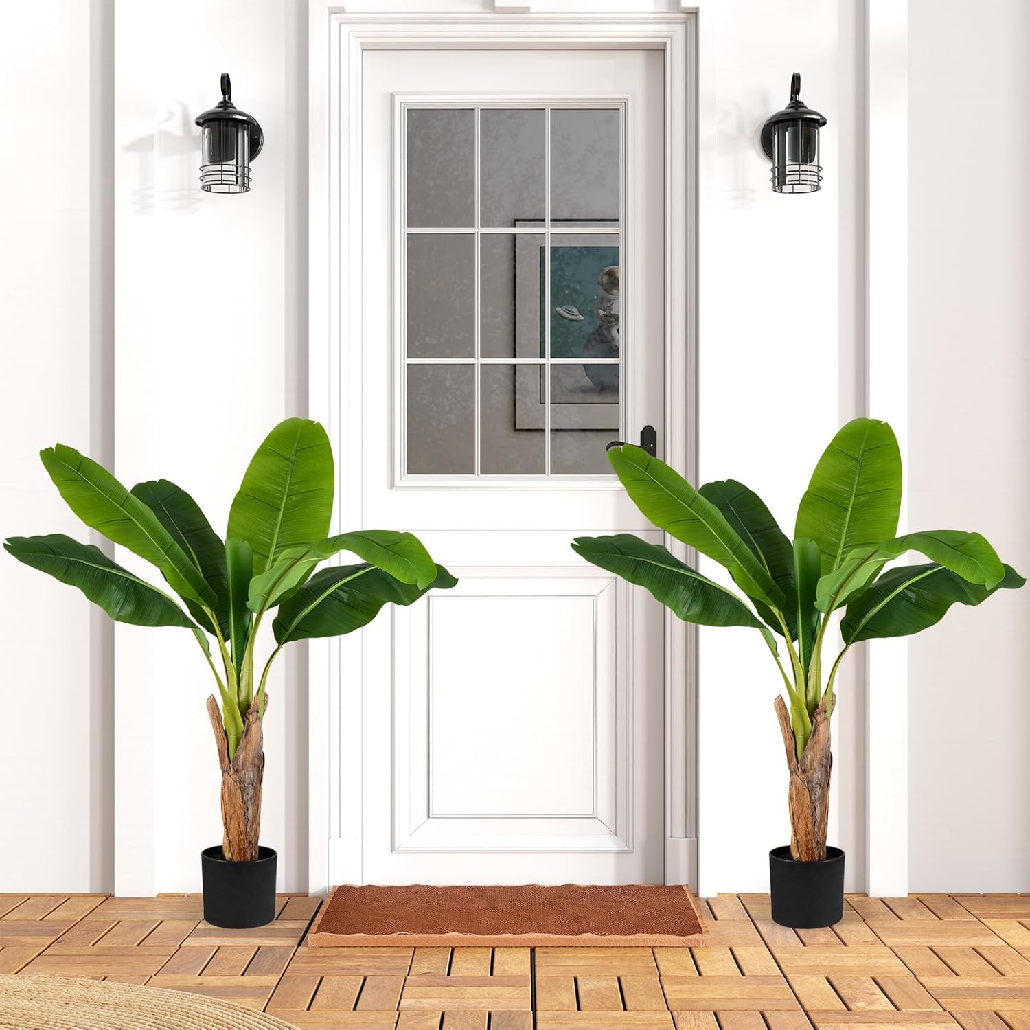 Conjunto de 2 árvores artificiais de ave-do-paraíso de 107 cm, plantas artificiais com folhas de bananeira com vaso e ramos ajustáveis para casa ou al - 2