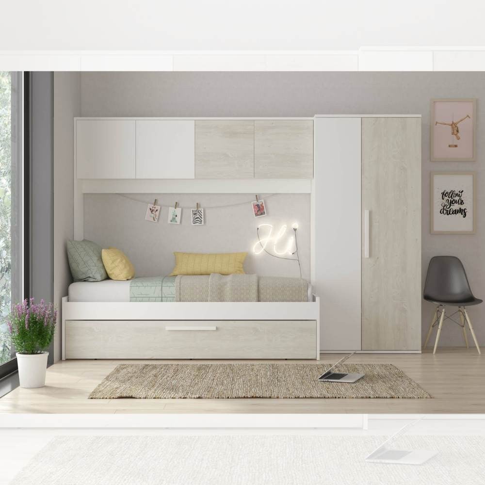 Cameretta a ponte con letto estraibile bianco e bianco consumato