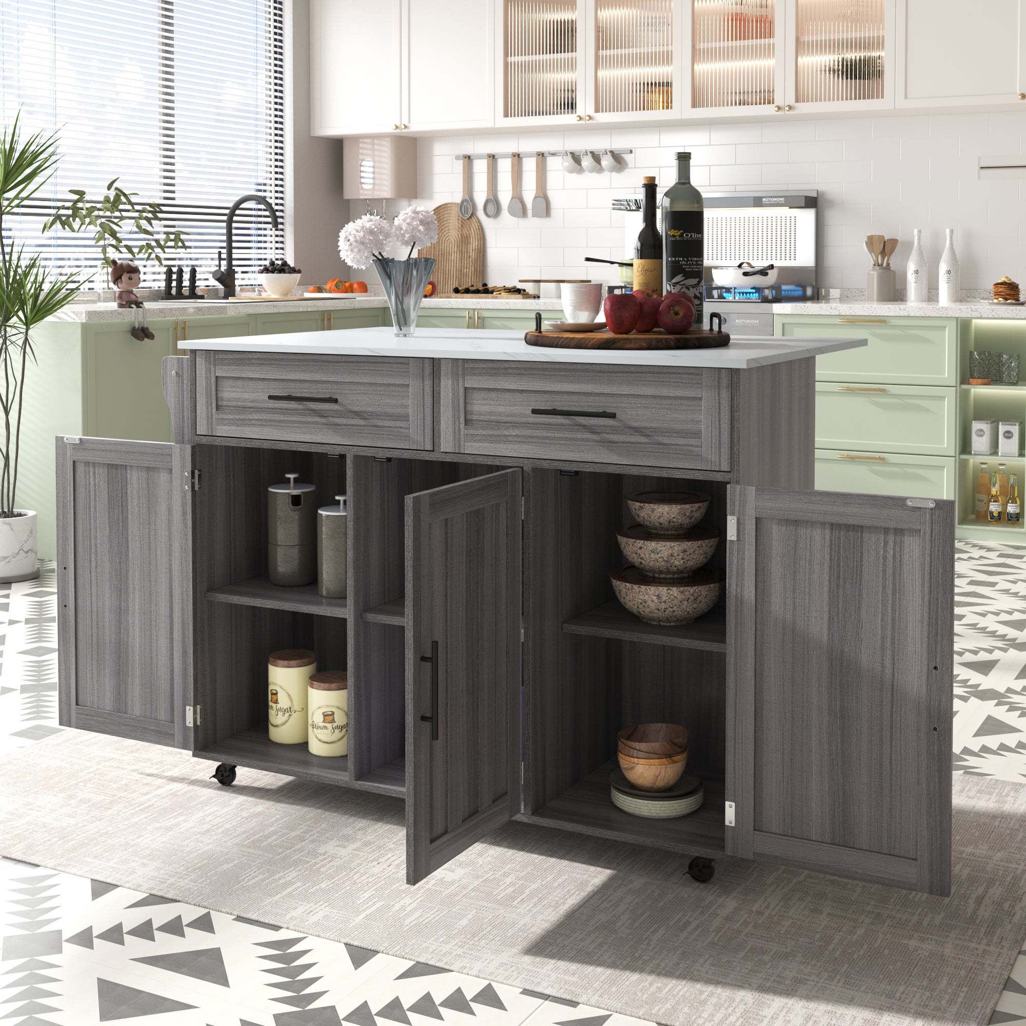 Mobilna wyspa kuchenna z 3 drzwiami i 2 szufladami - wysuwany blat - 129x46/71x91,5 cm - drewno MDF + metal - szary