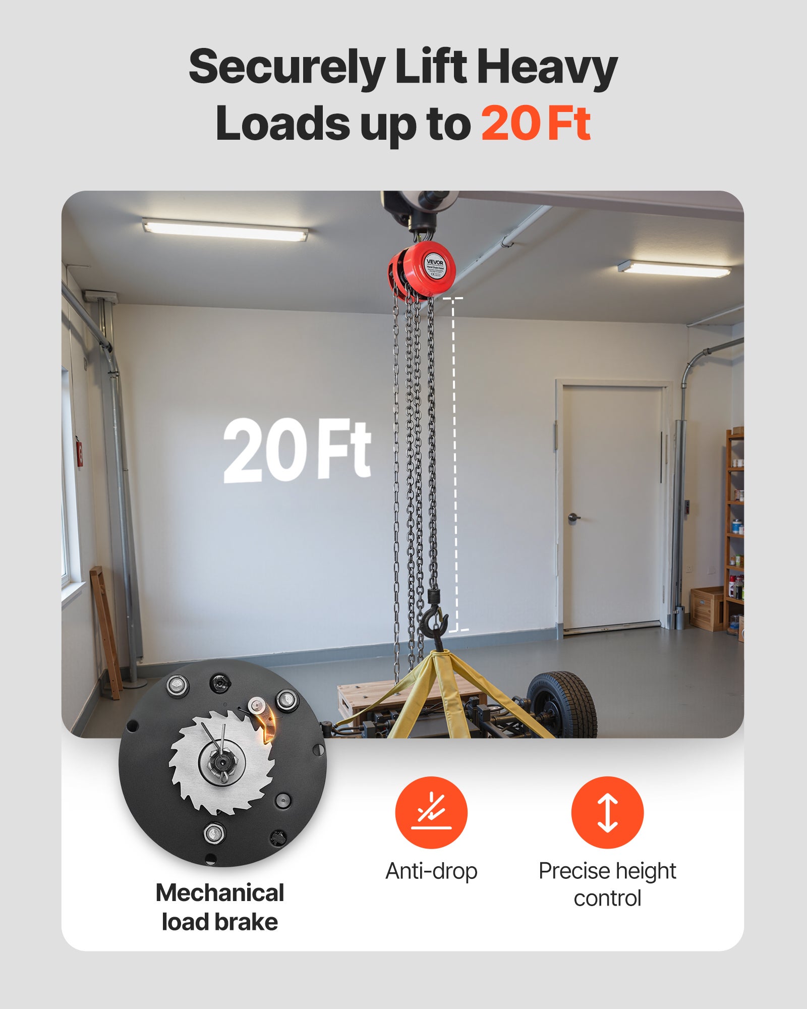 Talha manual VEVOR 1 T, elevação 6 m, gancho reforçado, corrente G70, freio mecânico, para garagem, obra, armazém, vermelho - 3