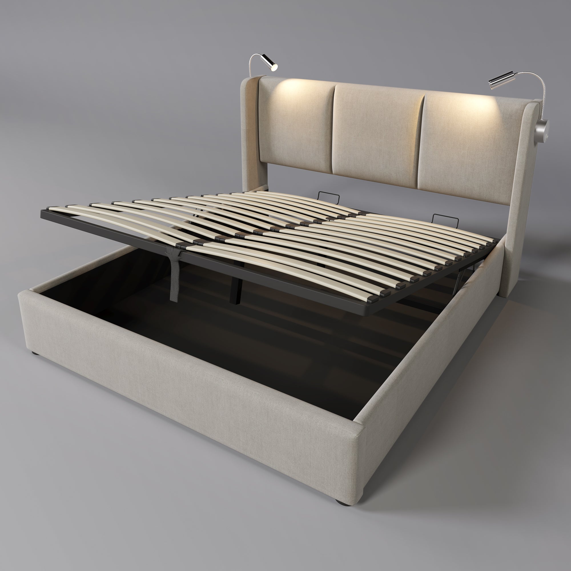 Cama contenedor 160 x 200 cm con cabecero - tela de lino - USB + lámpara de lectura - beige - 5