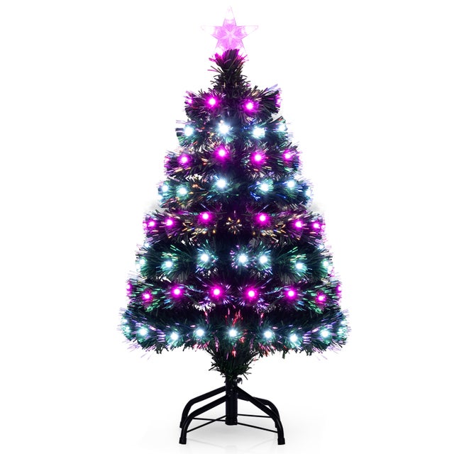 Árbol de Navidad Artificial Preiluminado de 93 cm, Árbol de Navidad con Fibras Ópticas Multicolor, 96 Luces LED, 8 Modos, 96 Puntas de Rama de PVC