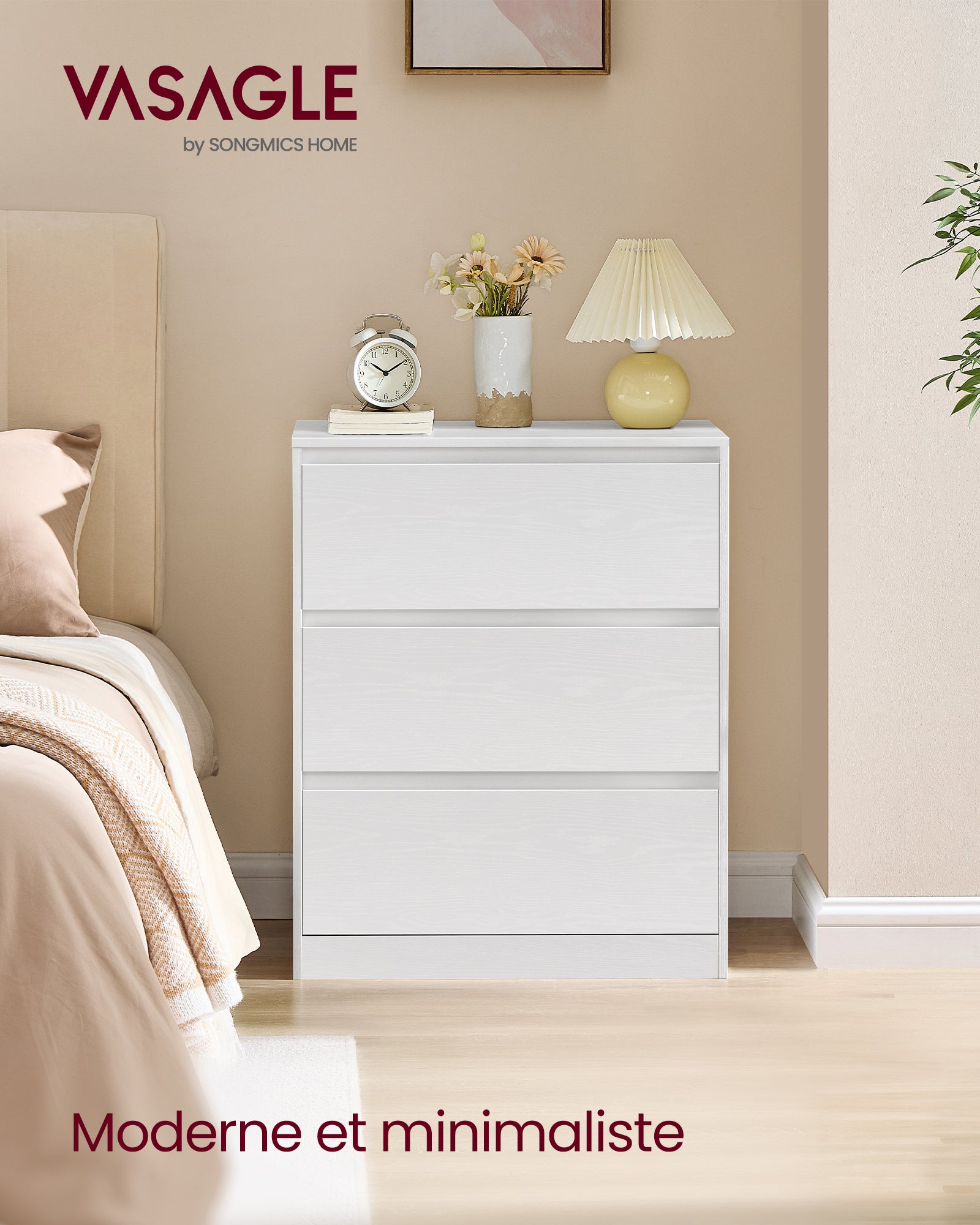 KAILYN Collection - Commode Chambre 3 Tiroirs, Armoire de Rangement, Meuble à Vêtements, 40 x 60 x 75 cm, Style Moderne, Blanc Neige - 2