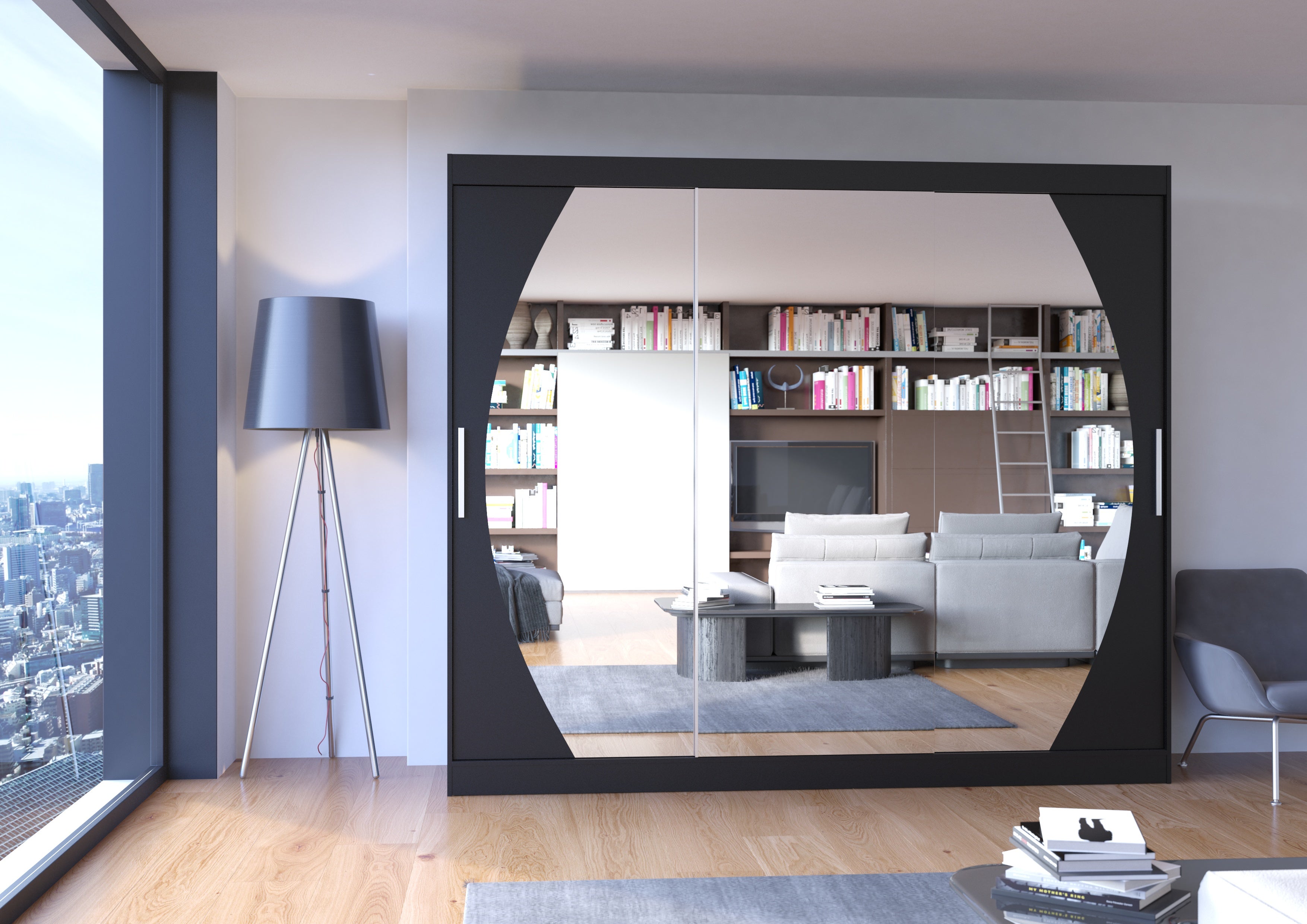 Grande armoire de chambre à coucher 3 portes coulissantes noir et miroir Kerry 250cm - 2