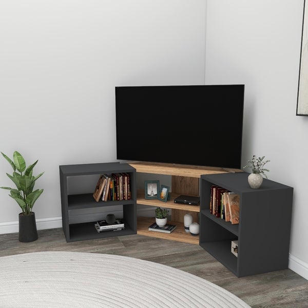 Meuble TV d'angle au design moderne avec compartiments ouverts Chêne et anthracite pour femmes - 4