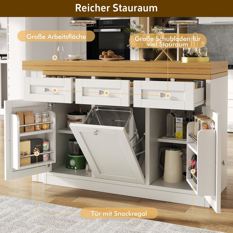 Îlot de cuisine moderne,Table de bar cuisine escamotable,avec Support à poubelle extractible,Table à manger avec tiroir et porte-snack, Blanc - 8