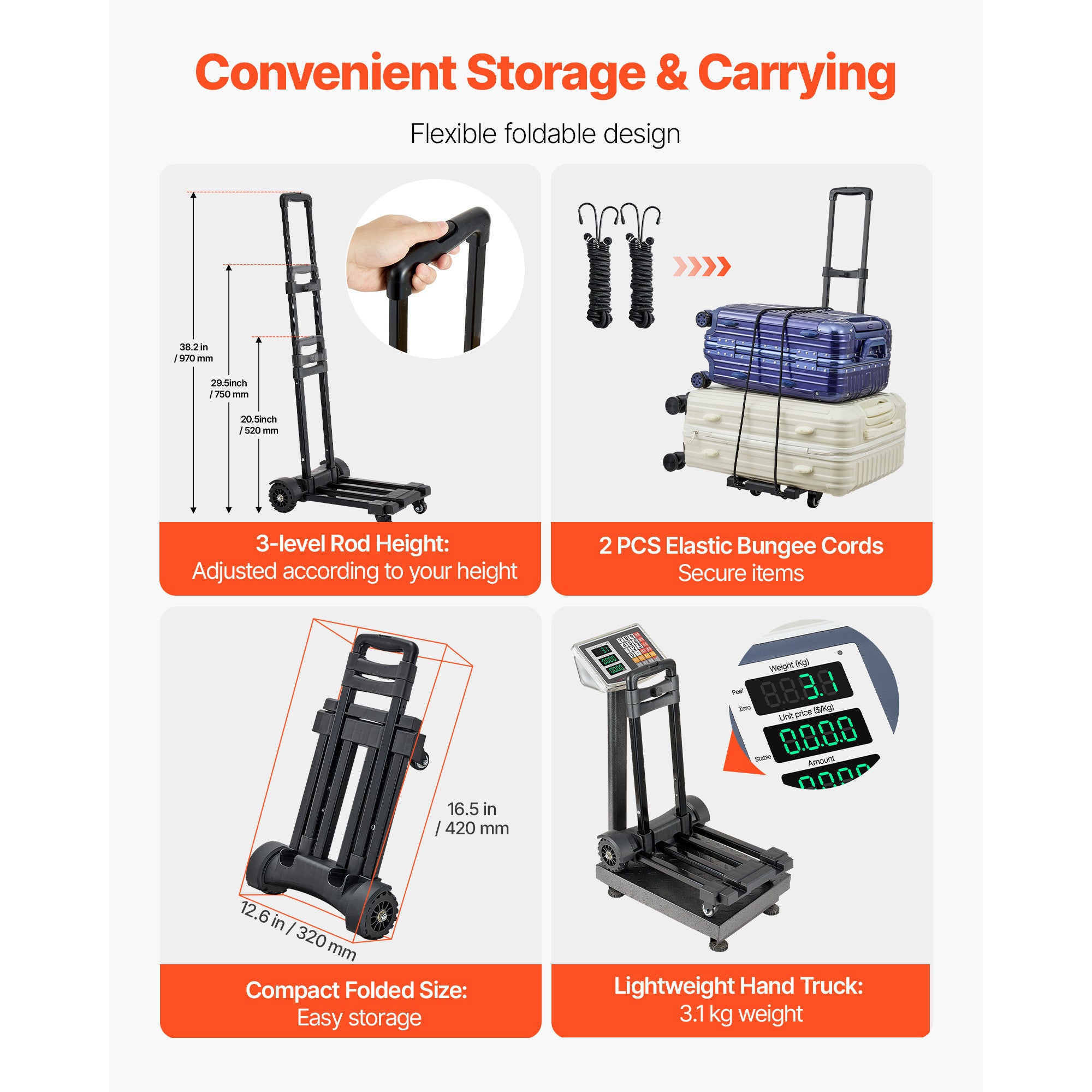 Carrinho mão dobrável SucceBuy com 4 rodas, carga 131,5 kg, com 2 cordas elásticas e base extensível, para mudanças, transporte em aeroportos - 3