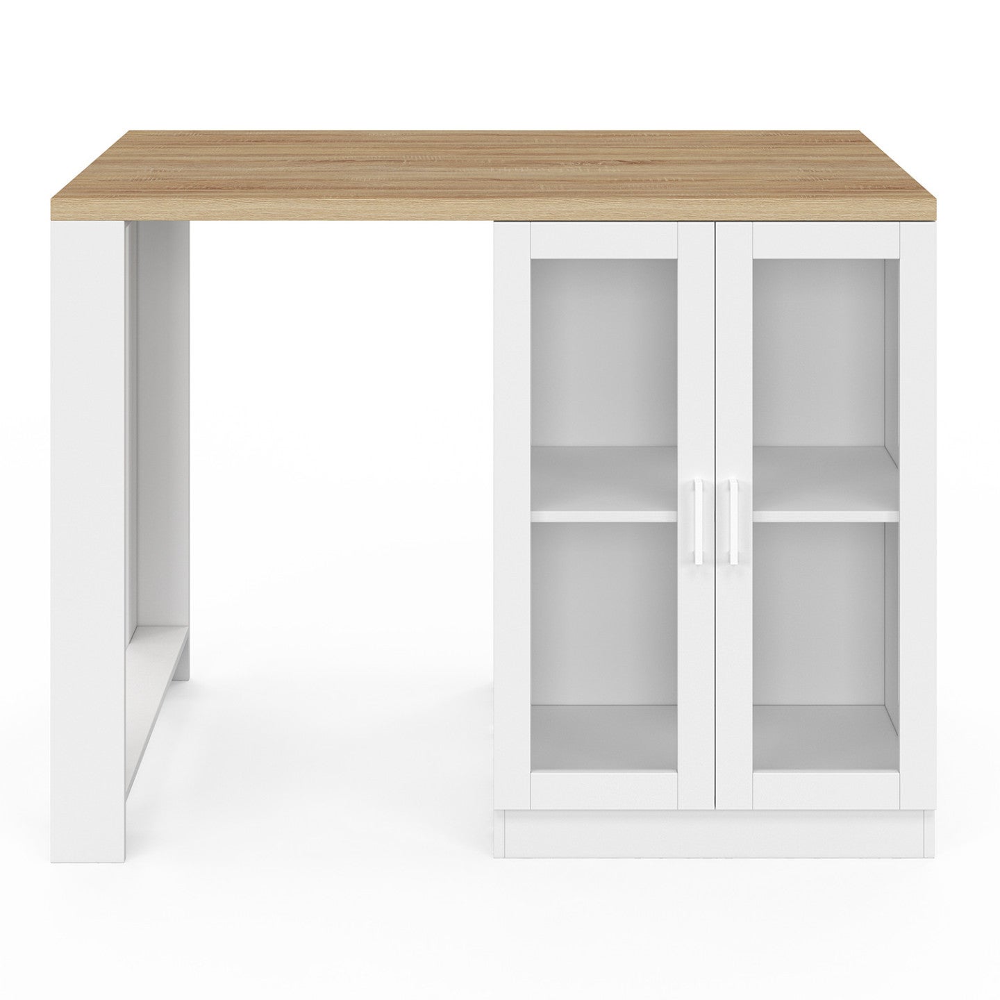 Ilot central LINO 120 cm 2 personnes bois blanc et plan de travail façon hêtre et portes vitrées - 3