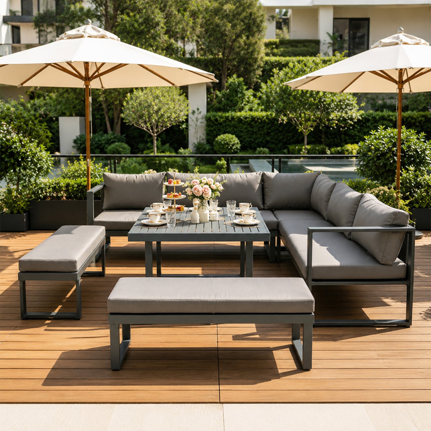 Salon de jardin gris foncé 7-9 places canapé + 2 bancs MARBELLA - 5