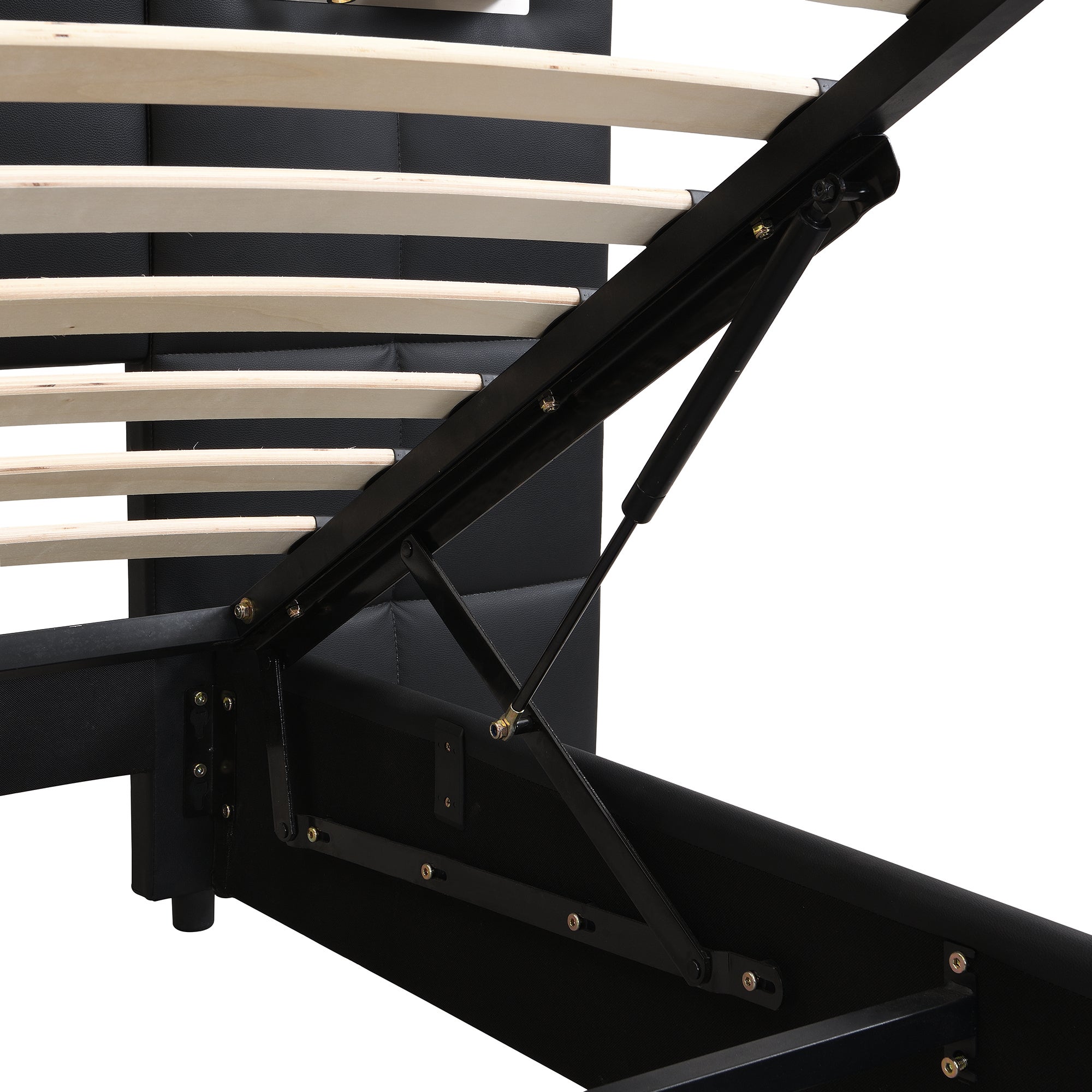 Cama contenedor de tela ecopiel 180x200 cm - con puerto USB, carga inalámbrica y LED - con somier - Negro - 7